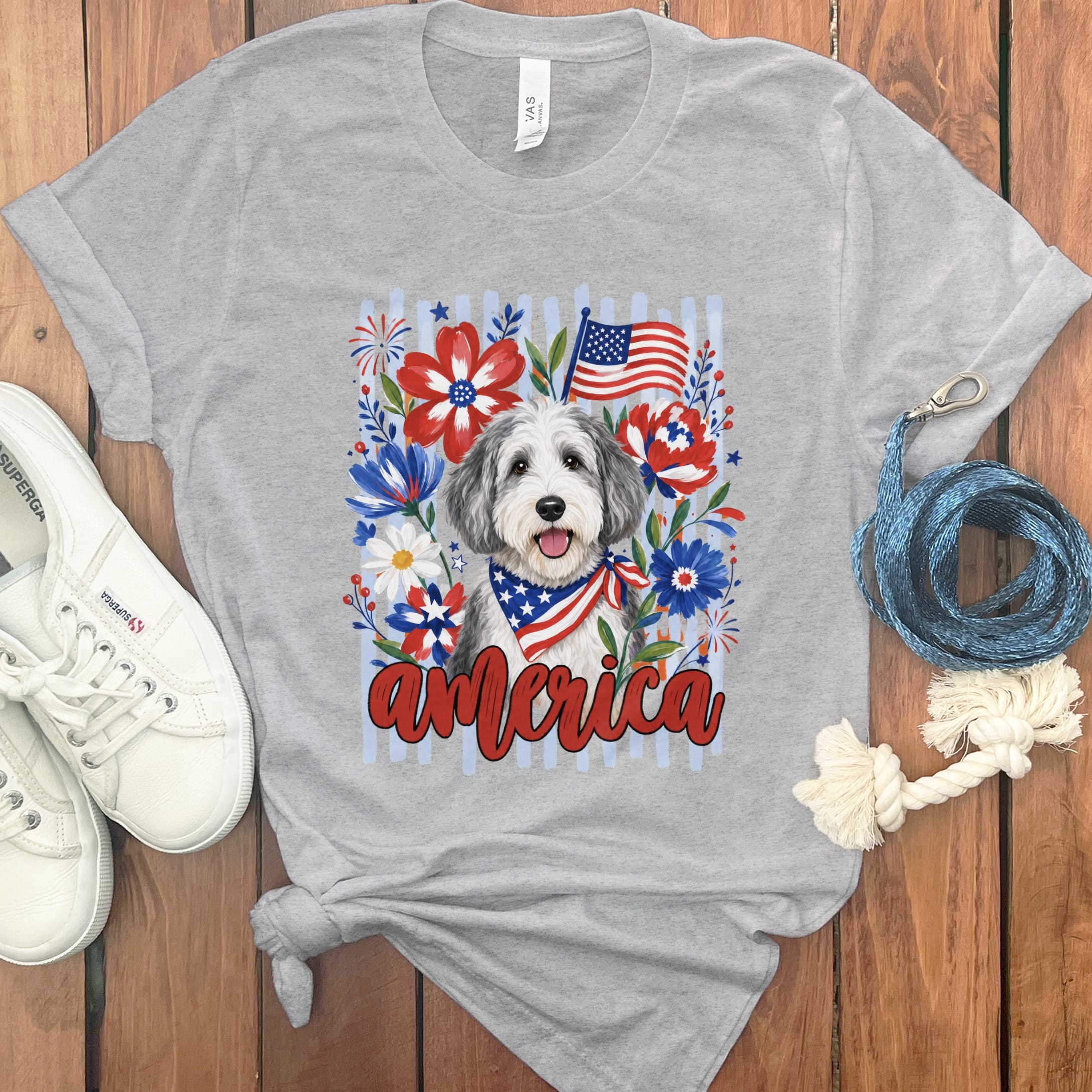 Sheepadoodle America T-Shirt in Athletic Heather / S by Puppy Jo