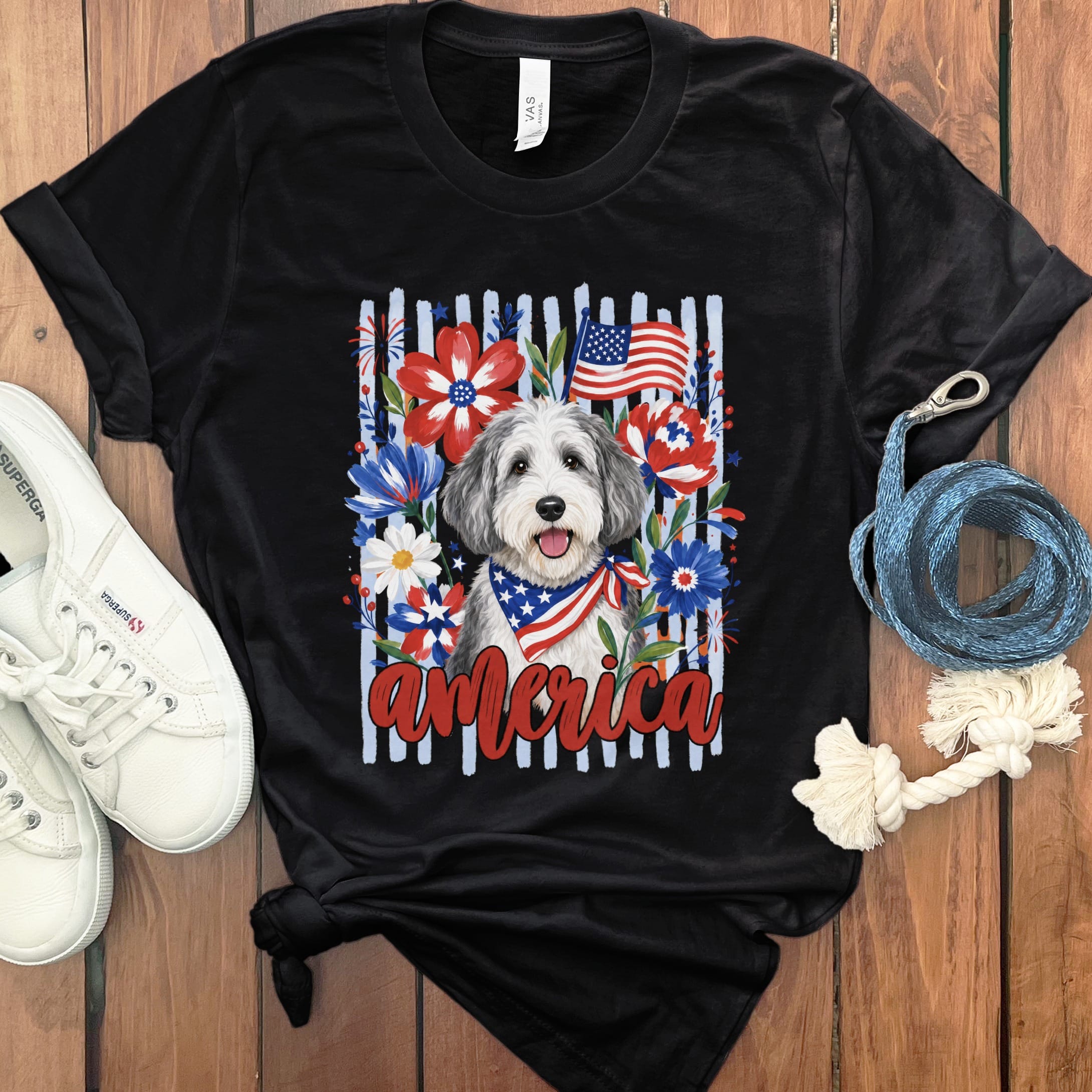 Sheepadoodle America T-Shirt in Black / S by Puppy Jo