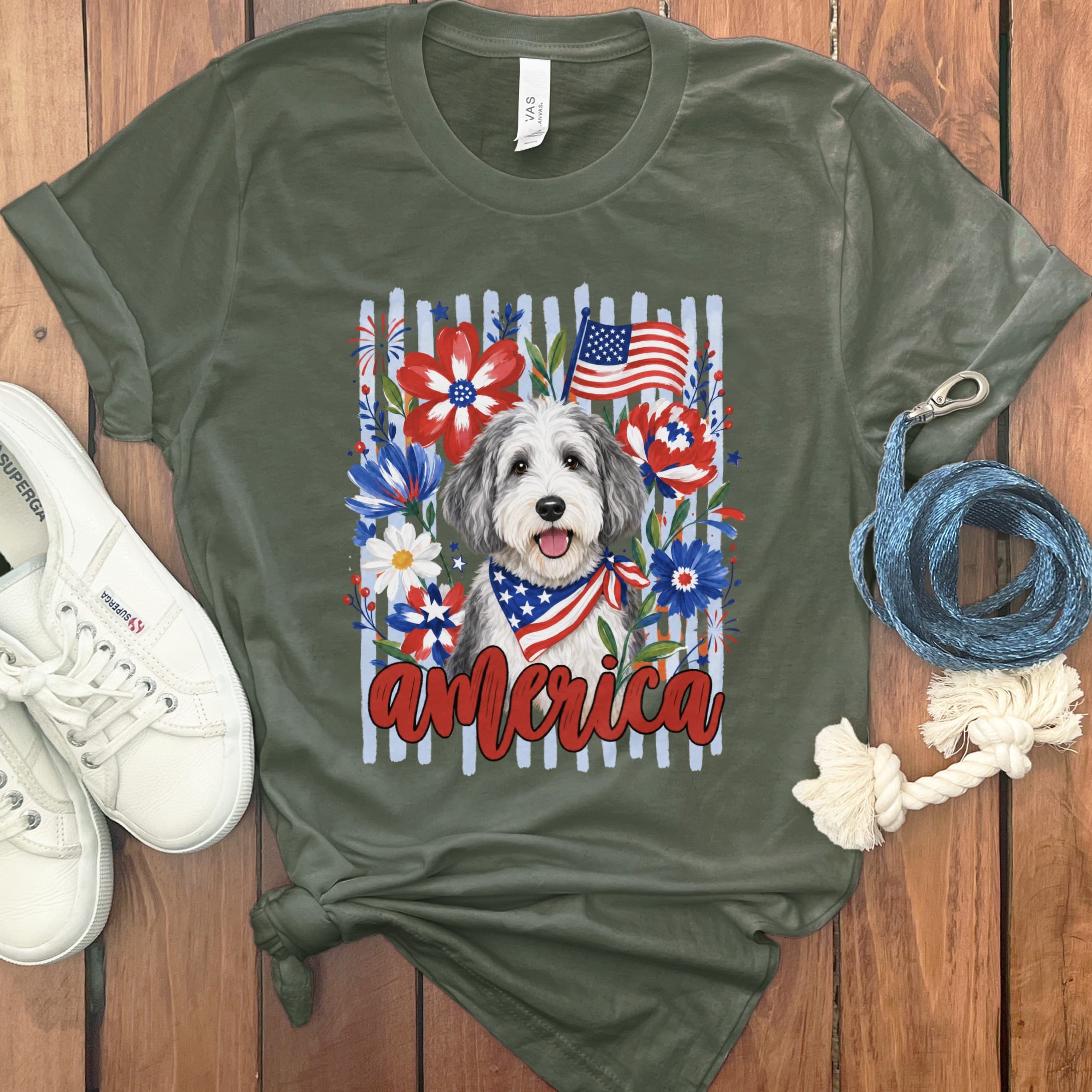 Sheepadoodle America T-Shirt in Military Green / S by Puppy Jo