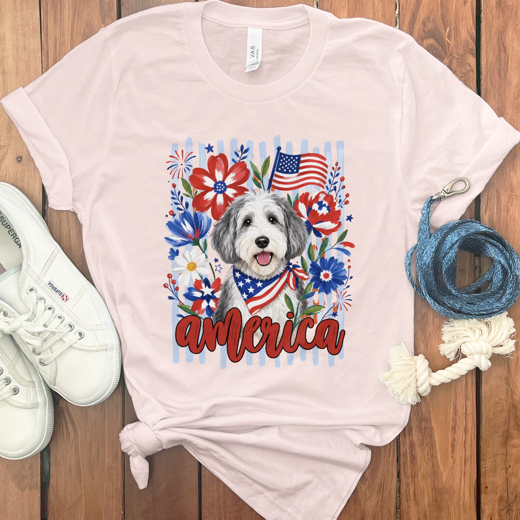 Sheepadoodle America T-Shirt in Soft Pink / S by Puppy Jo