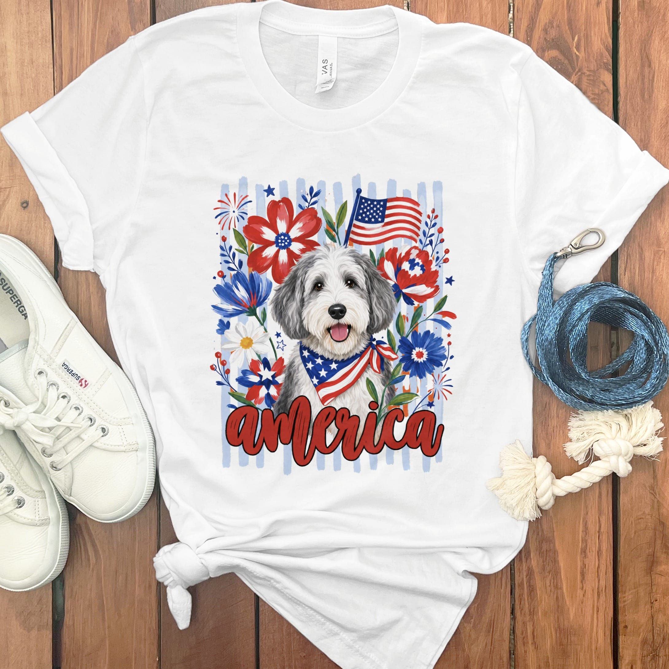 Sheepadoodle America T-Shirt in White / S by Puppy Jo
