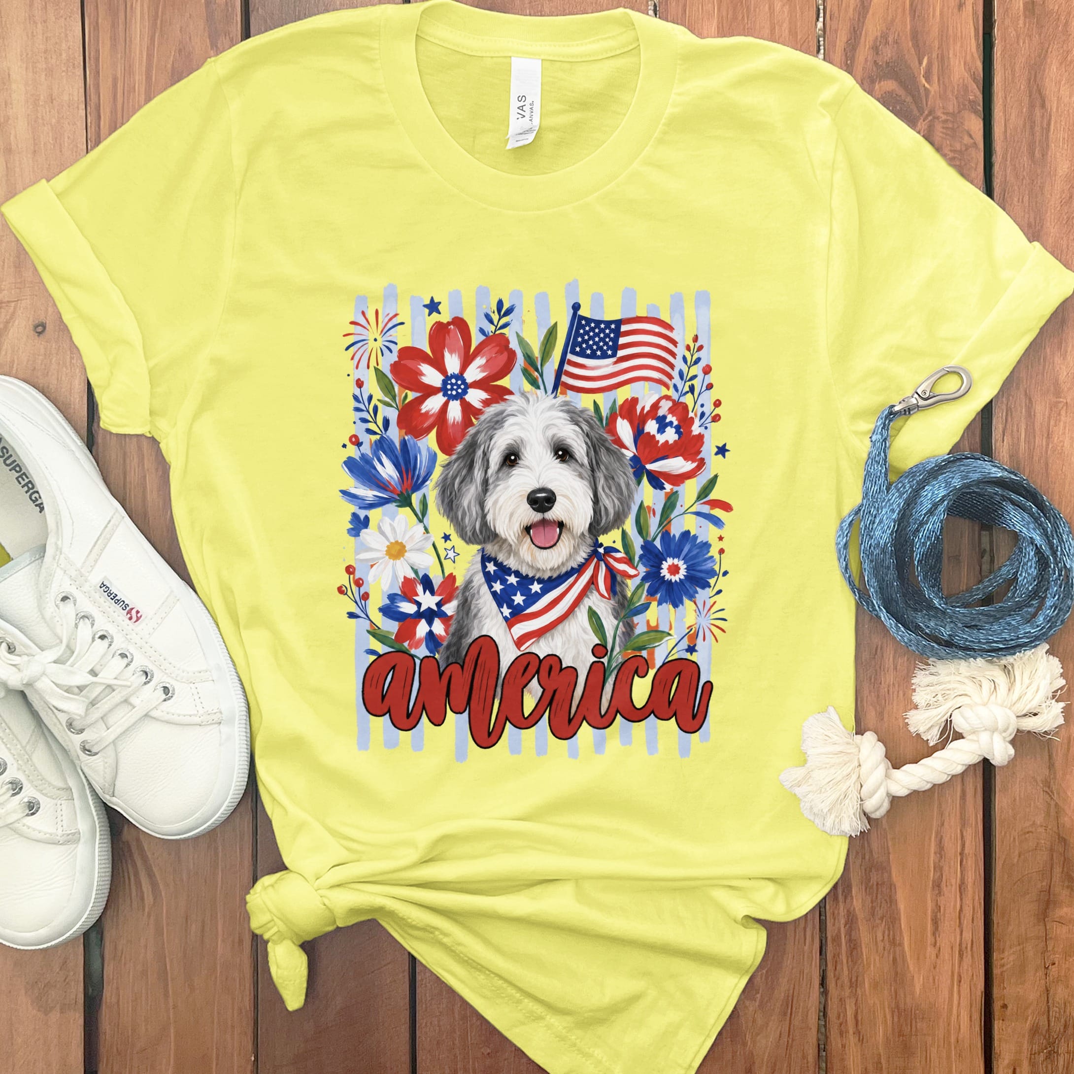 Sheepadoodle America T-Shirt in Yellow / S by Puppy Jo