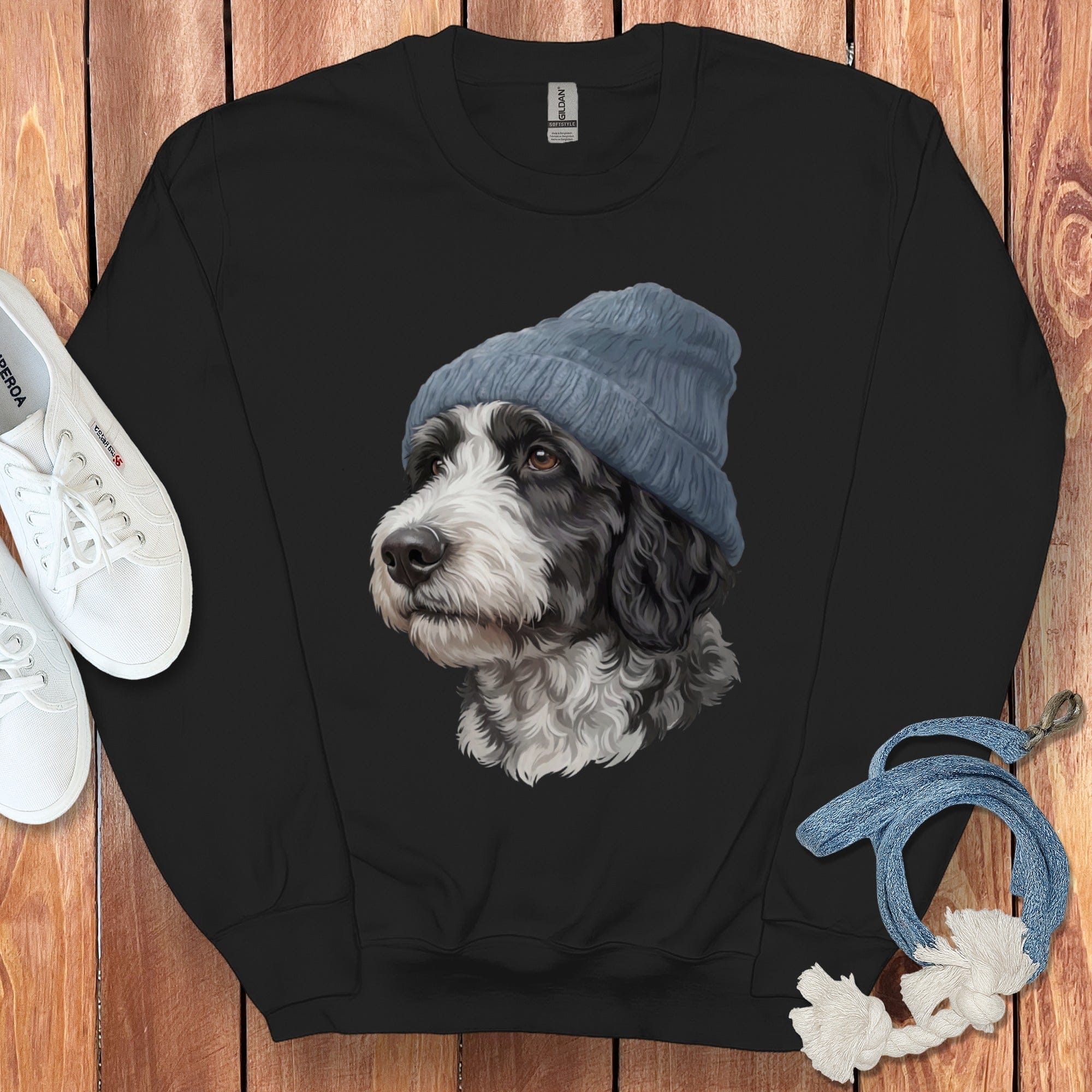 Sheepadoodle Blue Cap Sweatshirt in Black / M / Sweatshirts #1 by Puppy Jo