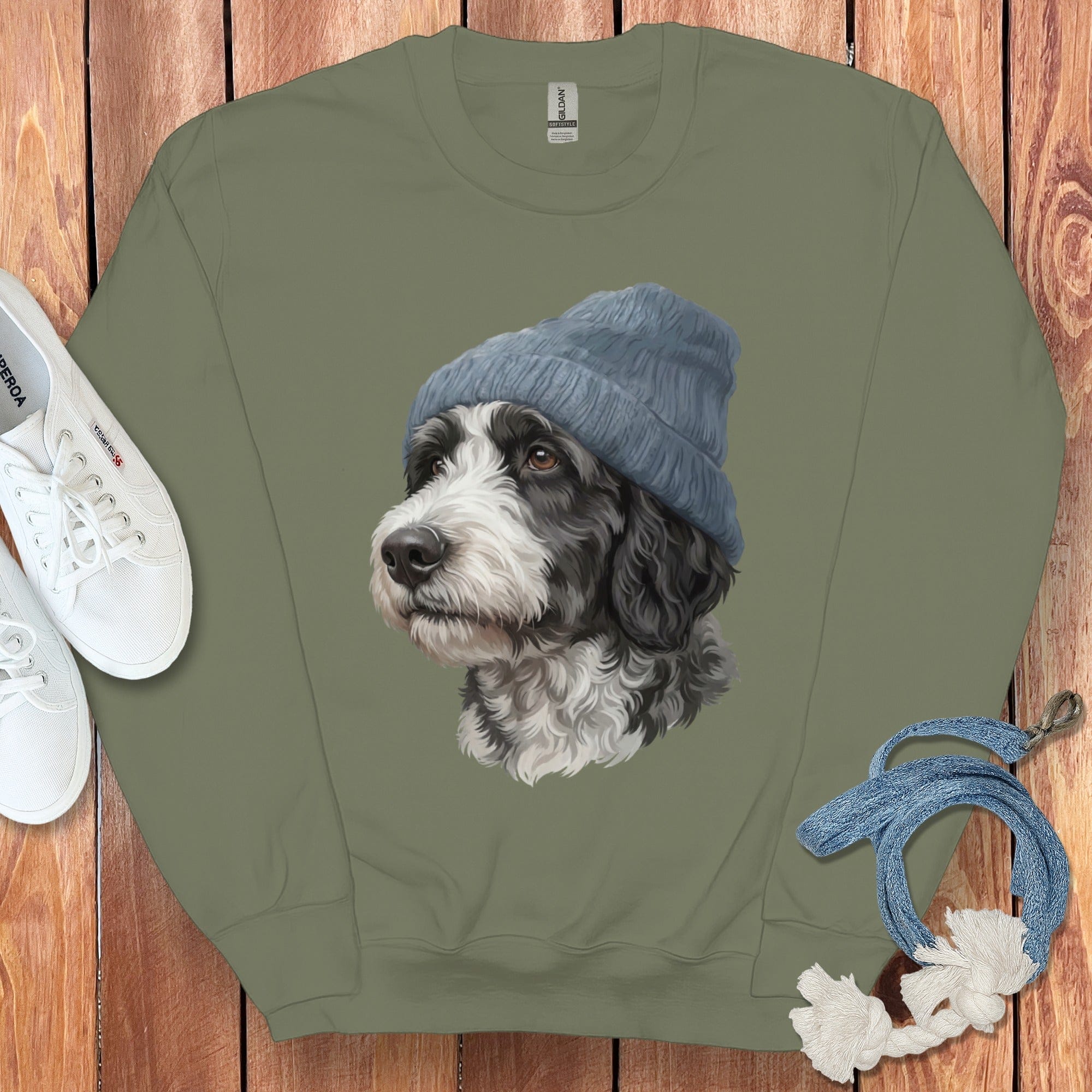 Sheepadoodle Blue Cap Sweatshirt in Military Green / M / Sweatshirts #1 by Puppy Jo