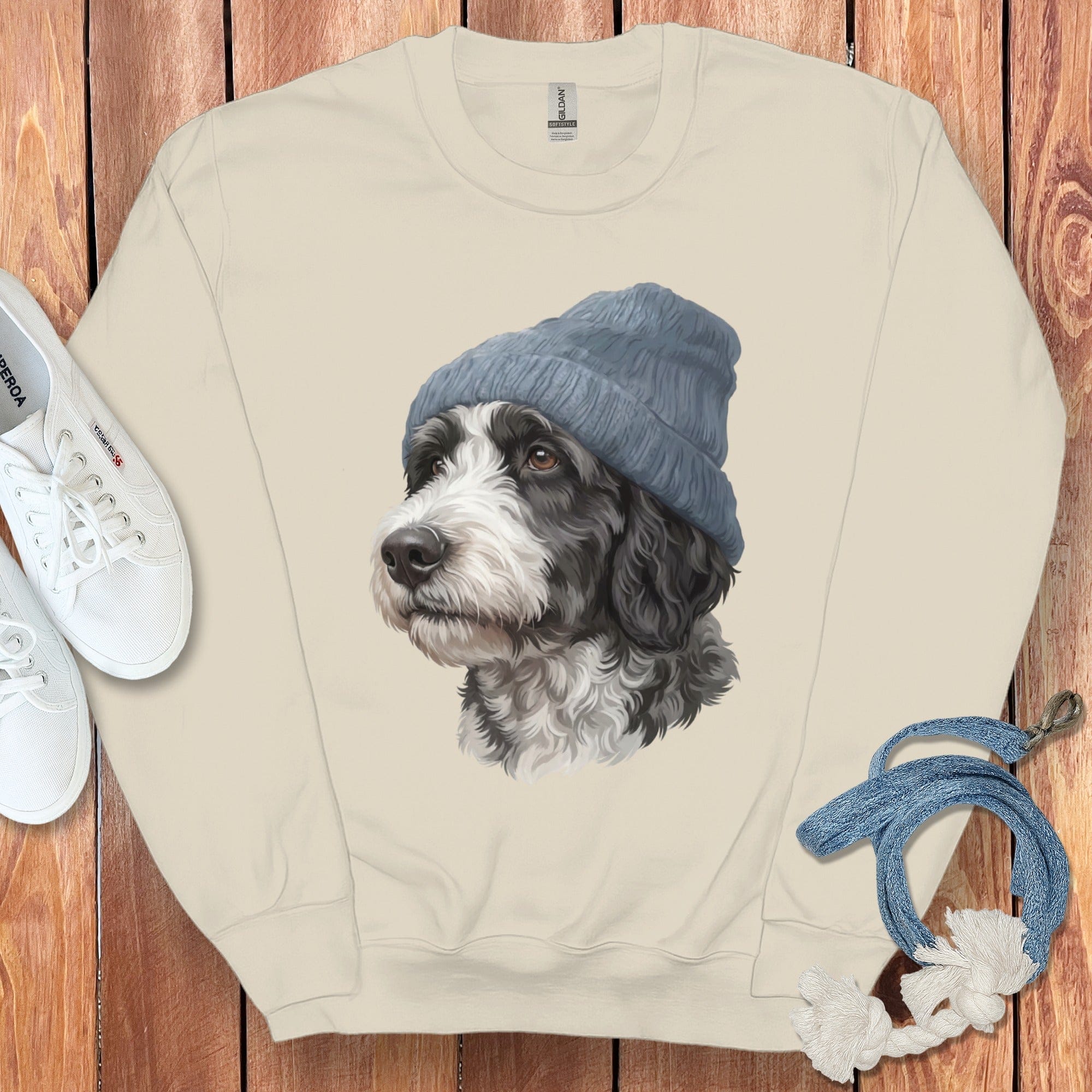 Sheepadoodle Blue Cap Sweatshirt in Sand / M / Sweatshirts by Puppy Jo