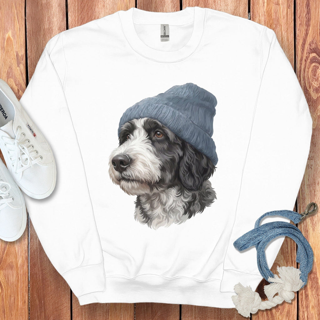 Sheepadoodle Blue Cap Sweatshirt in White / M / Sweatshirts by Puppy Jo