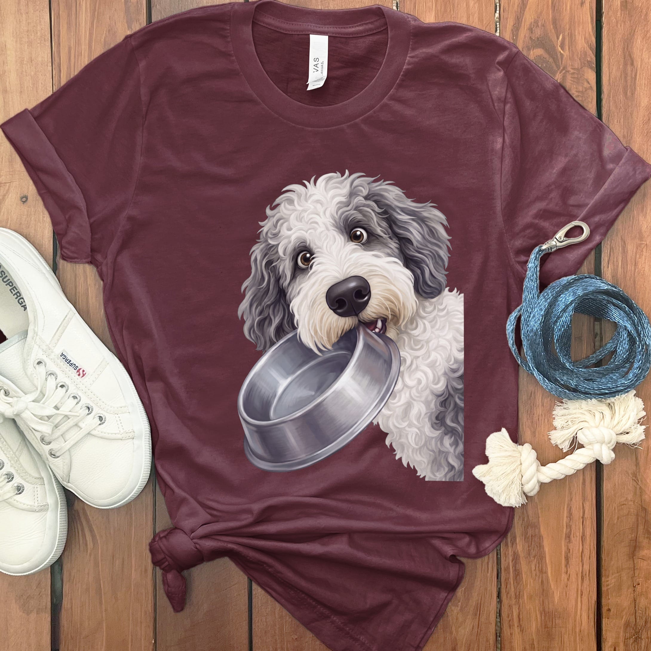 Sheepadoodle Bowl T-Shirt in Maroon / S by Puppy Jo
