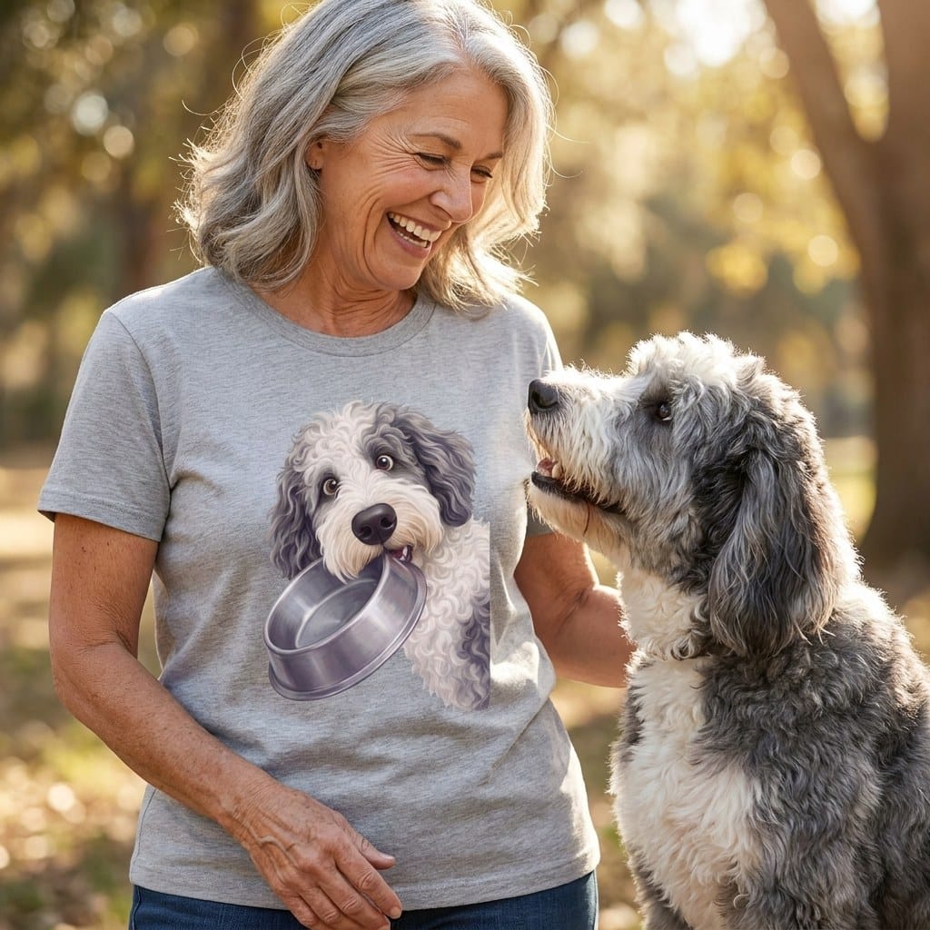 Sheepadoodle Bowl T-Shirt in by Puppy Jo