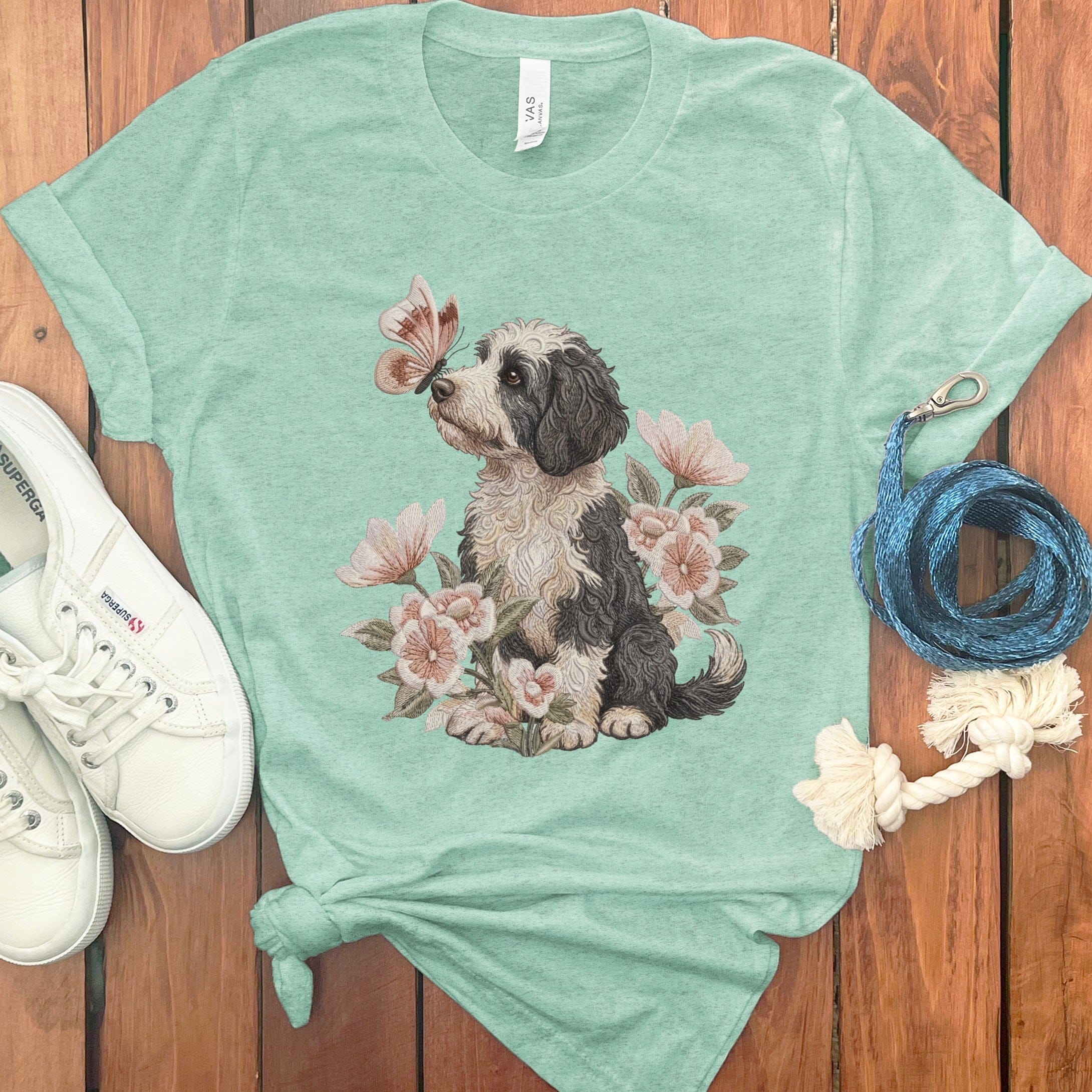 Sheepadoodle Butterfly Kiss T-Shirt in Heather Mint / M by Puppy Jo