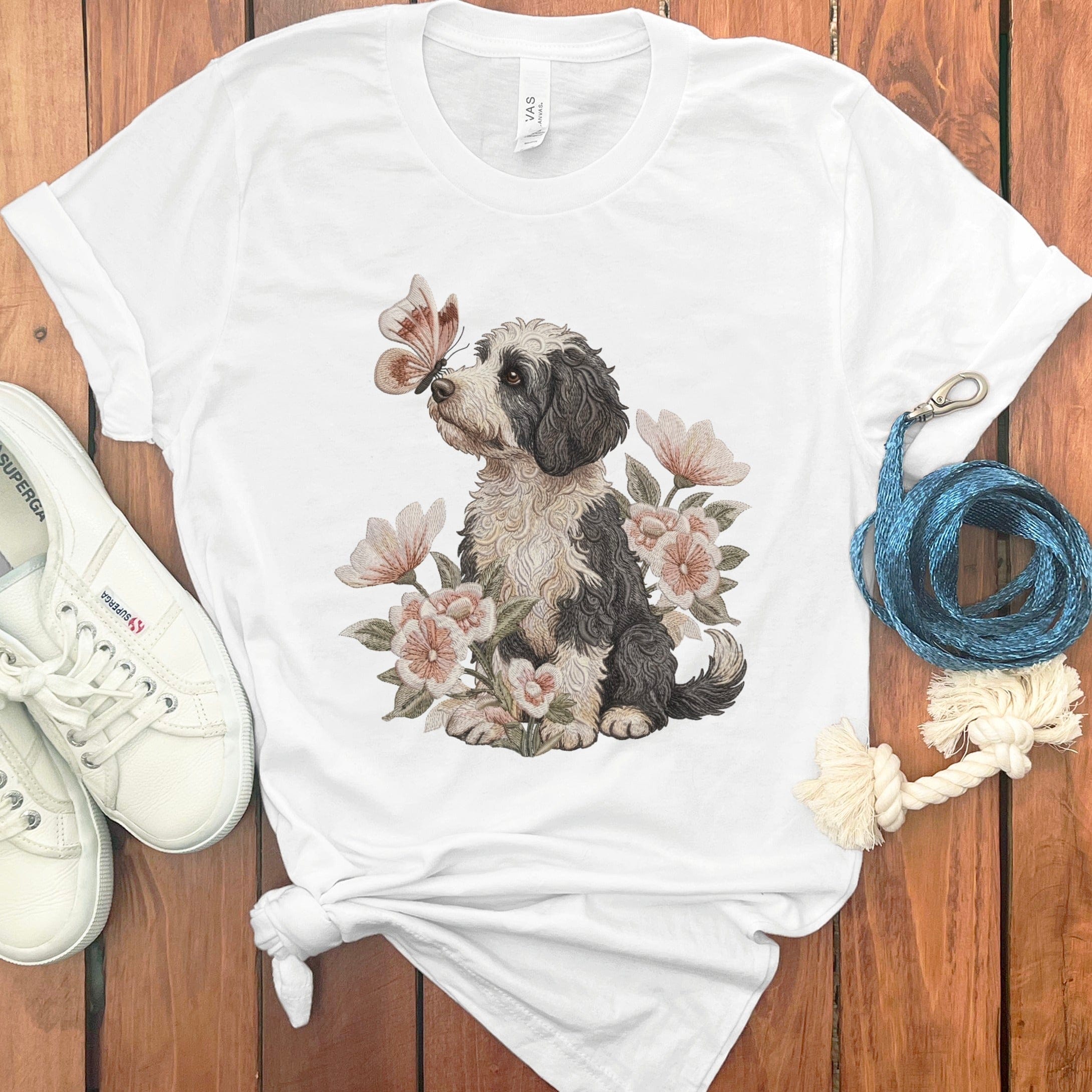 Sheepadoodle Butterfly Kiss T-Shirt in White / M by Puppy Jo