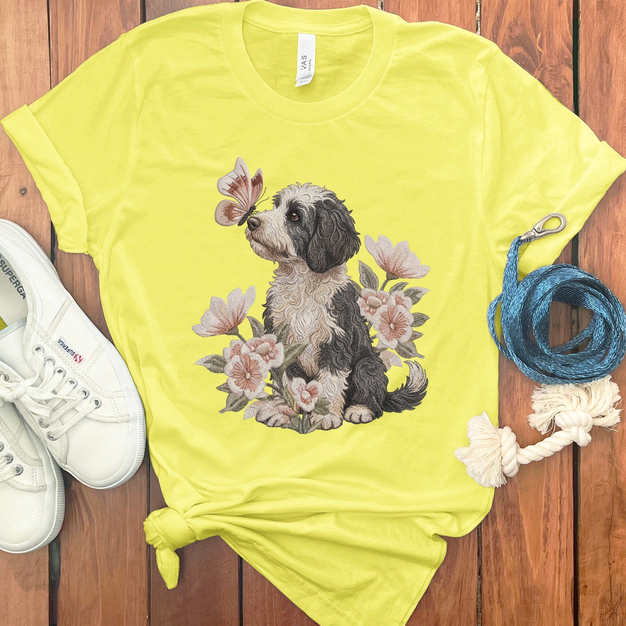 Sheepadoodle Butterfly Kiss T-Shirt in Yellow / M by Puppy Jo