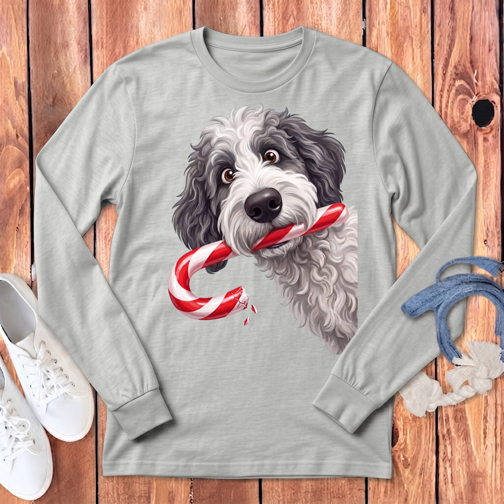 Sheepadoodle Candy Cane Thief Long Sleeve T-Shirt in Athletic Heather / S by Puppy Jo