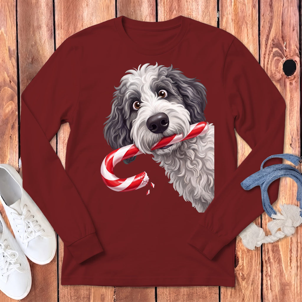 Sheepadoodle Candy Cane Thief Long Sleeve T-Shirt in Cardinal / S by Puppy Jo