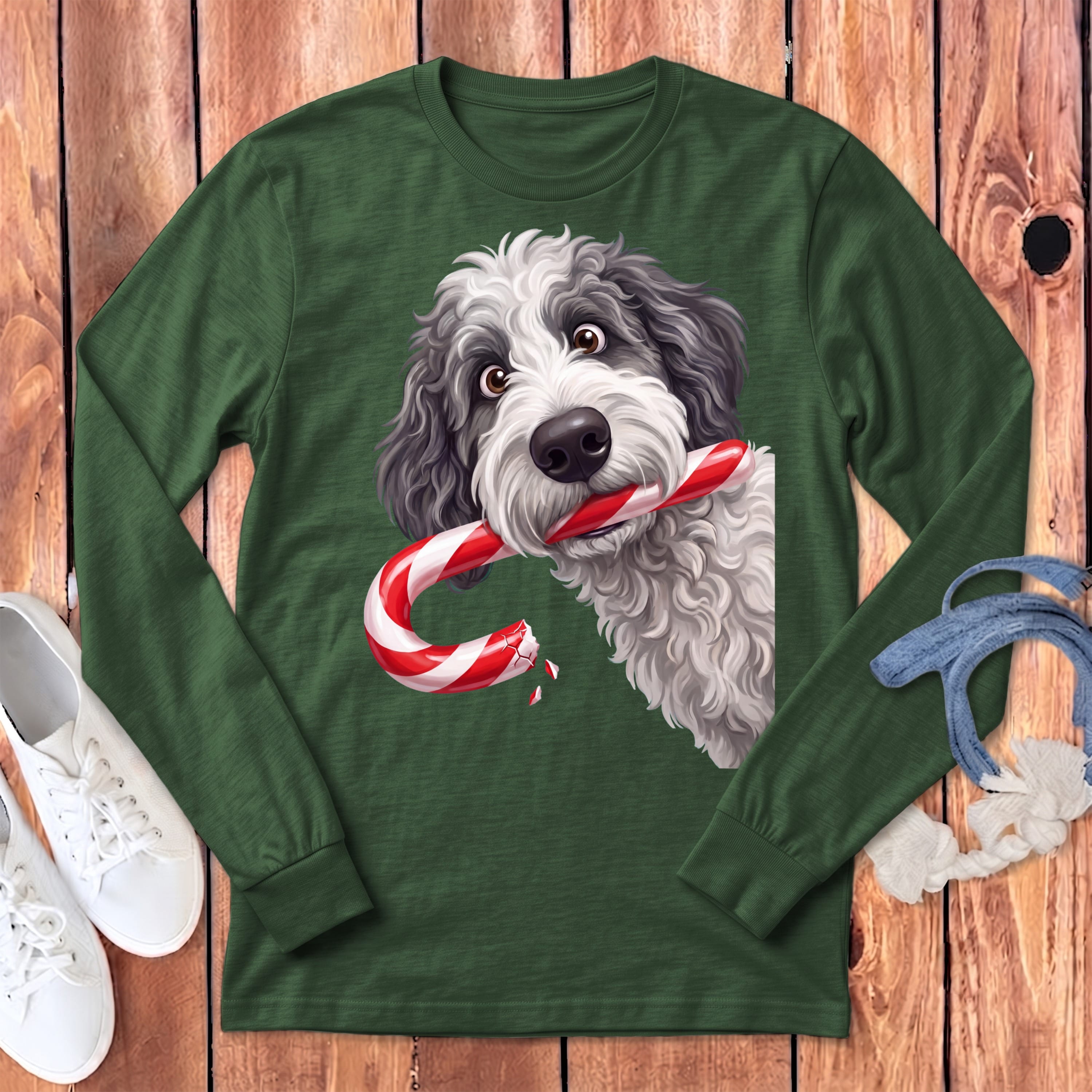 Sheepadoodle Candy Cane Thief Long Sleeve T-Shirt in Heather Forest / S by Puppy Jo
