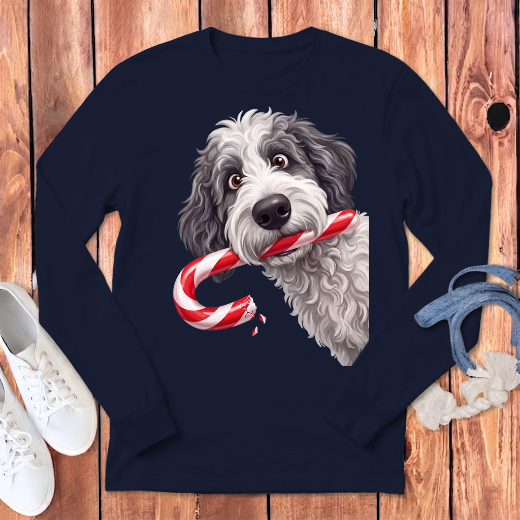 Sheepadoodle Candy Cane Thief Long Sleeve T-Shirt in Navy / S by Puppy Jo