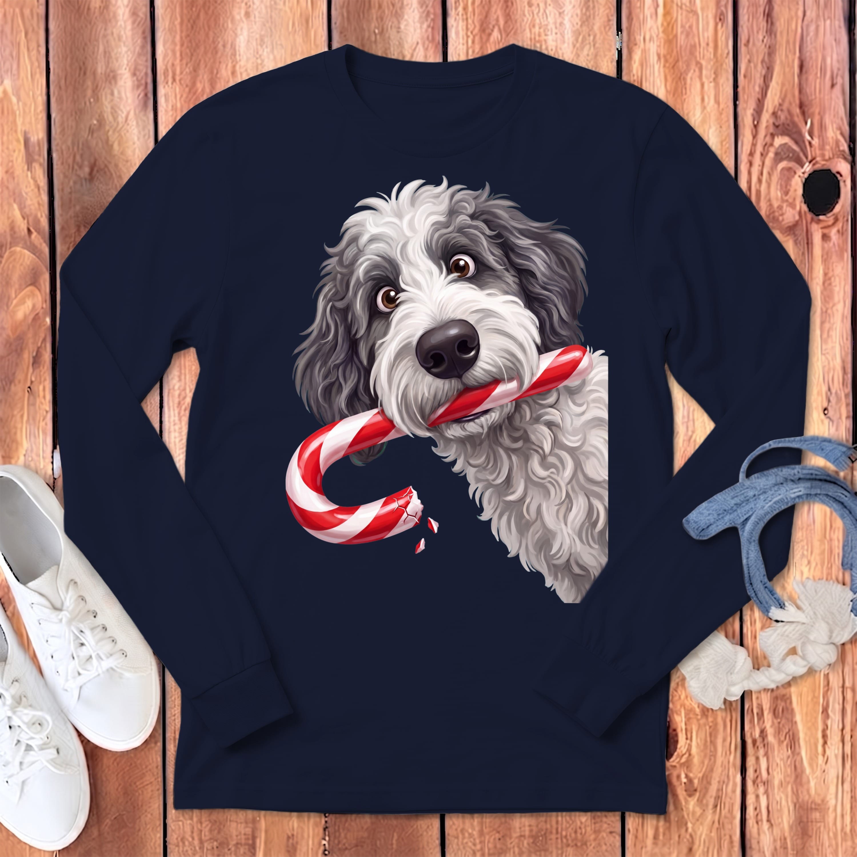 Sheepadoodle Candy Cane Thief Long Sleeve T-Shirt in Navy / S by Puppy Jo