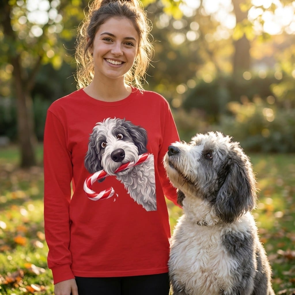 Sheepadoodle Candy Cane Thief Long Sleeve T-Shirt in by Puppy Jo