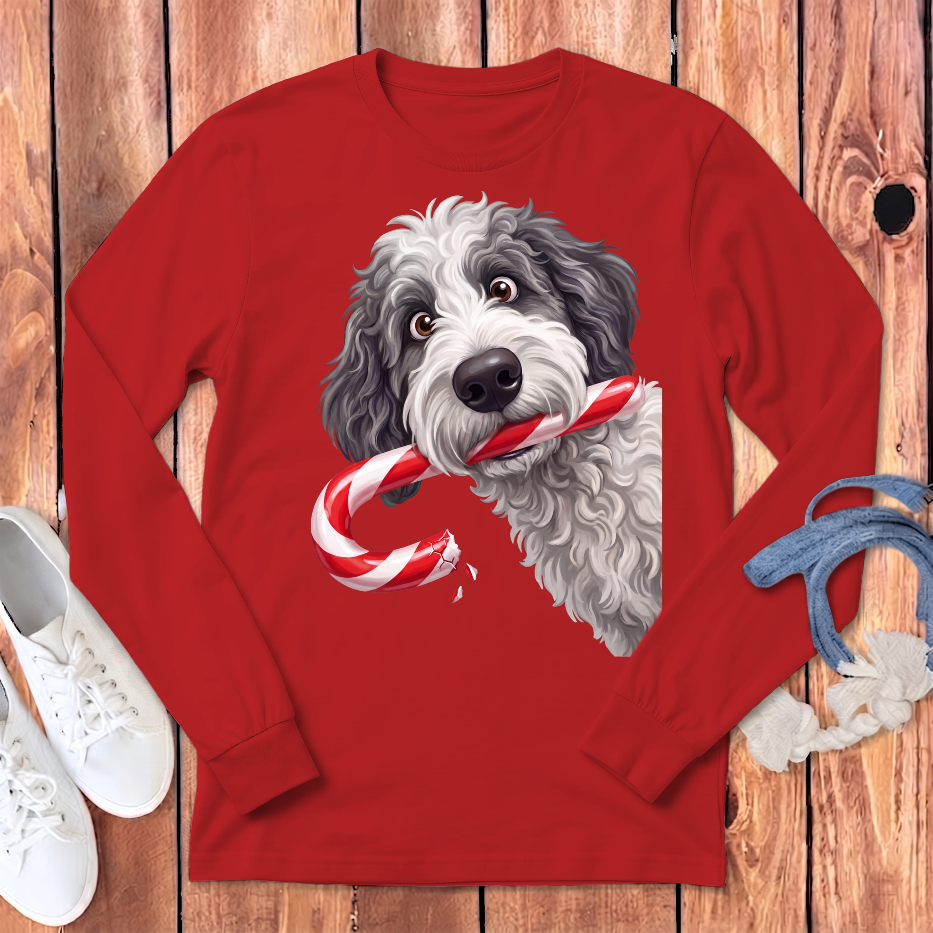 Sheepadoodle Candy Cane Thief Long Sleeve T-Shirt in Red / S by Puppy Jo