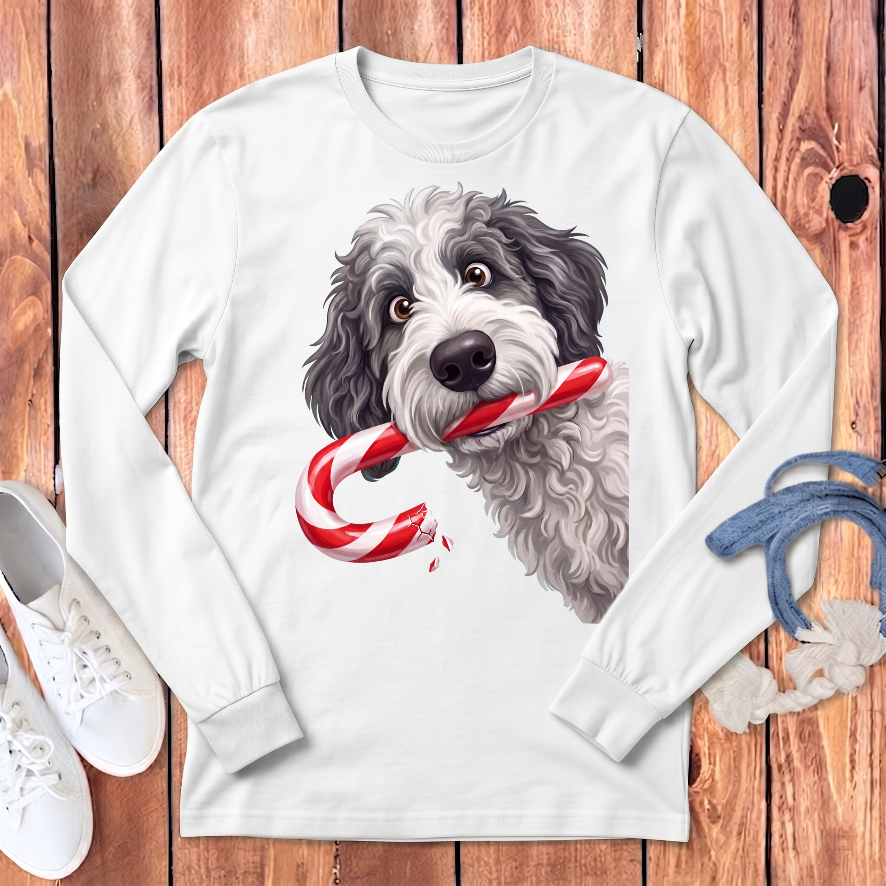 Sheepadoodle Candy Cane Thief Long Sleeve T-Shirt in White / S by Puppy Jo