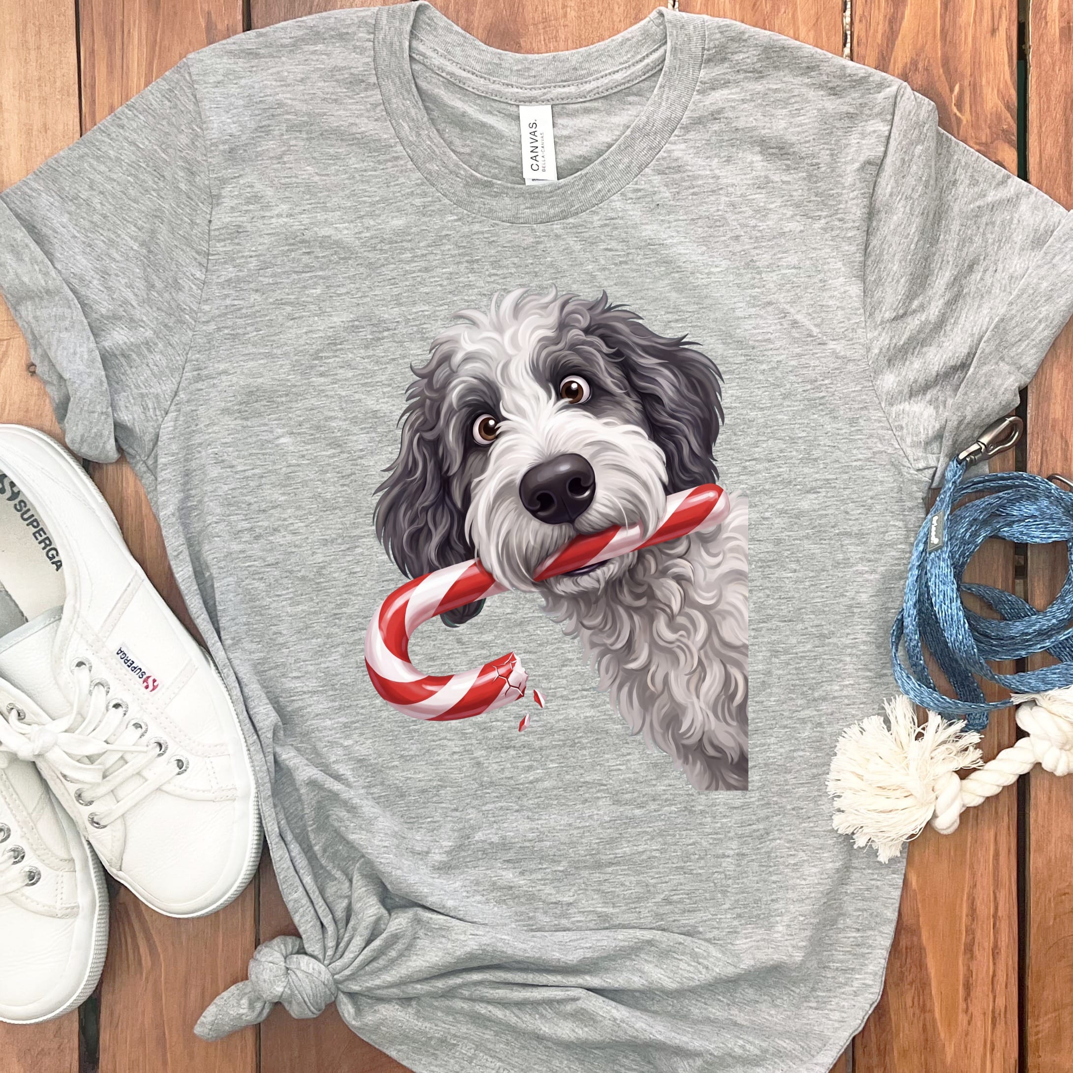 Sheepadoodle Candy Cane Thief T-Shirt in Athletic Heather / S by Puppy Jo