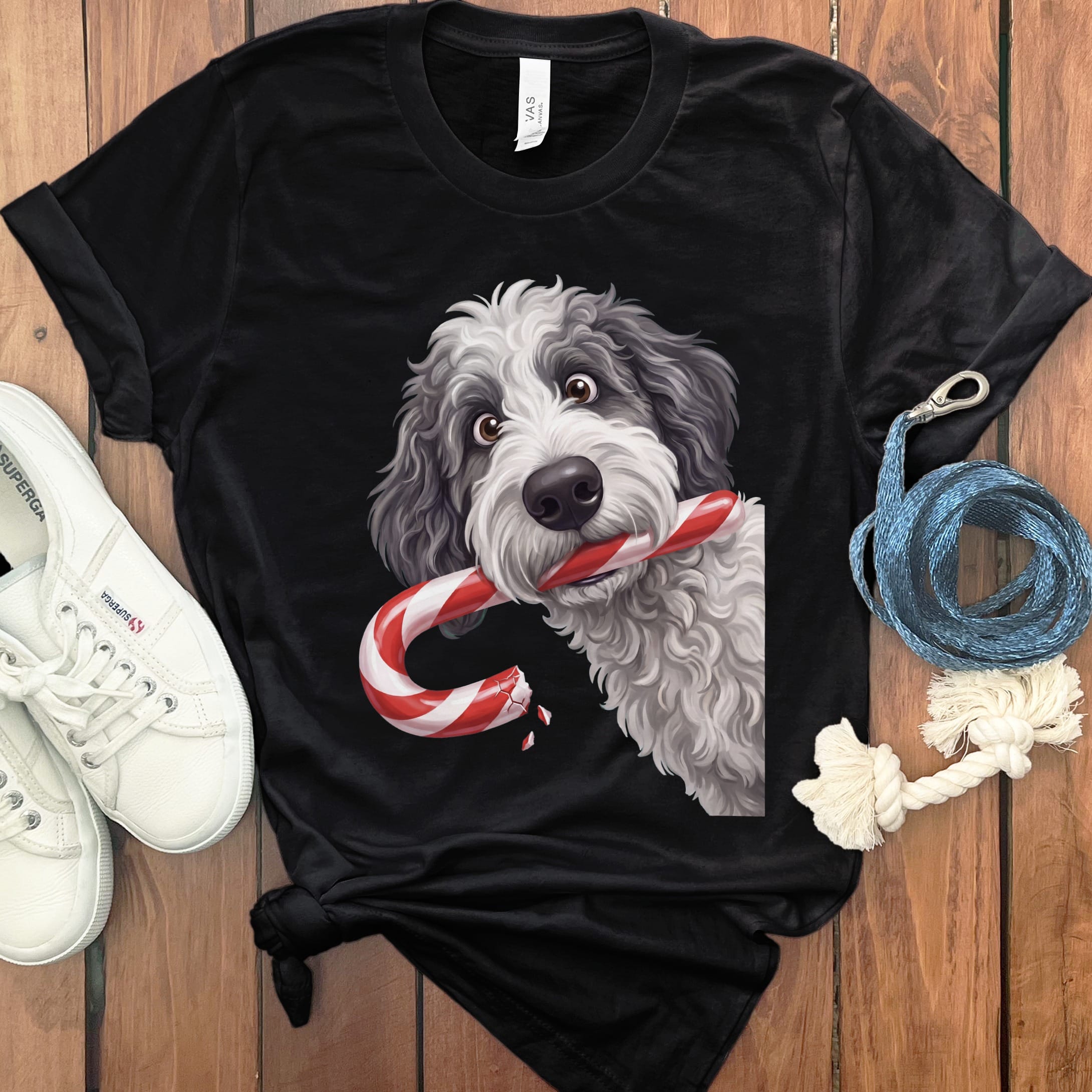 Sheepadoodle Candy Cane Thief T-Shirt in Black / S by Puppy Jo