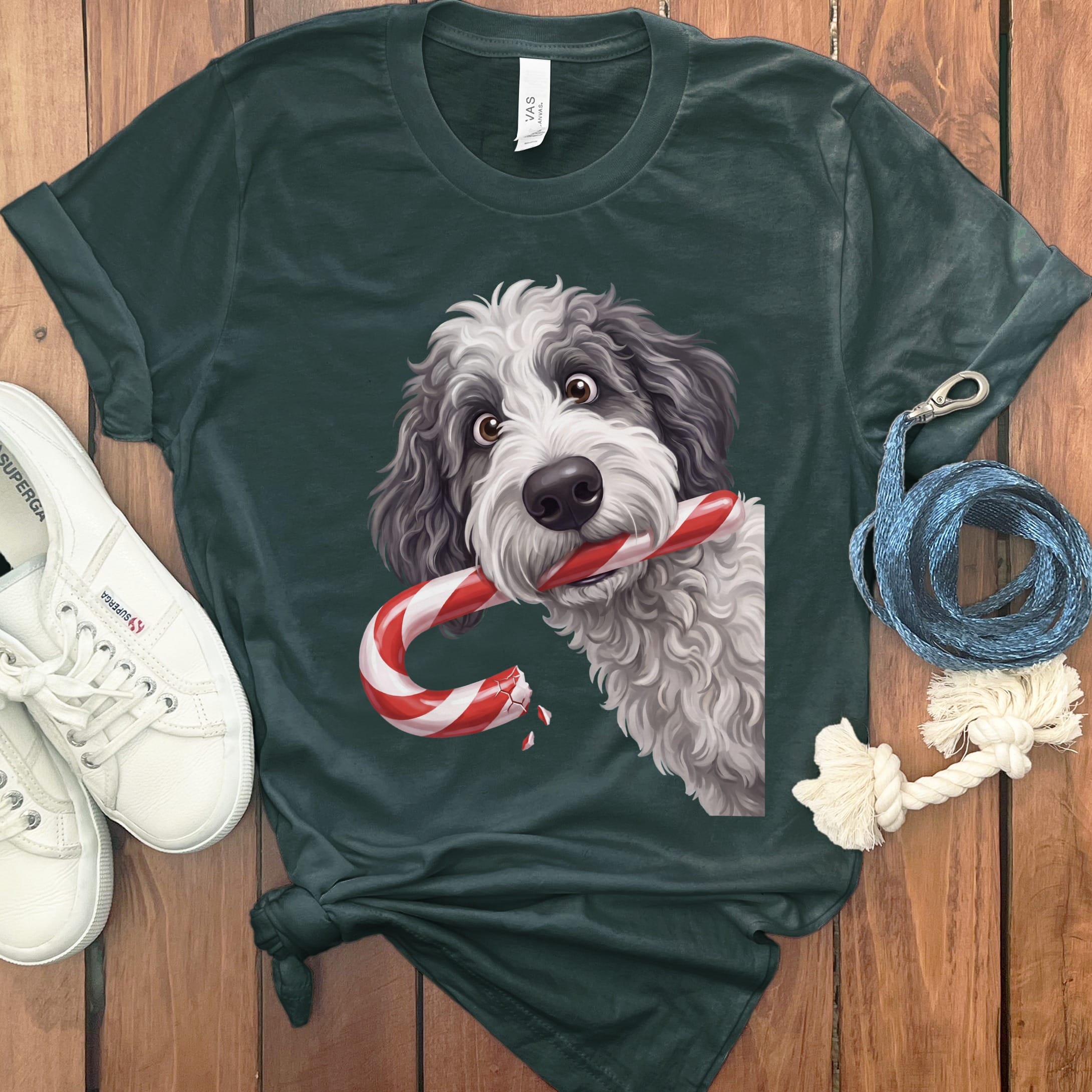 Sheepadoodle Candy Cane Thief T-Shirt in Forest / S by Puppy Jo