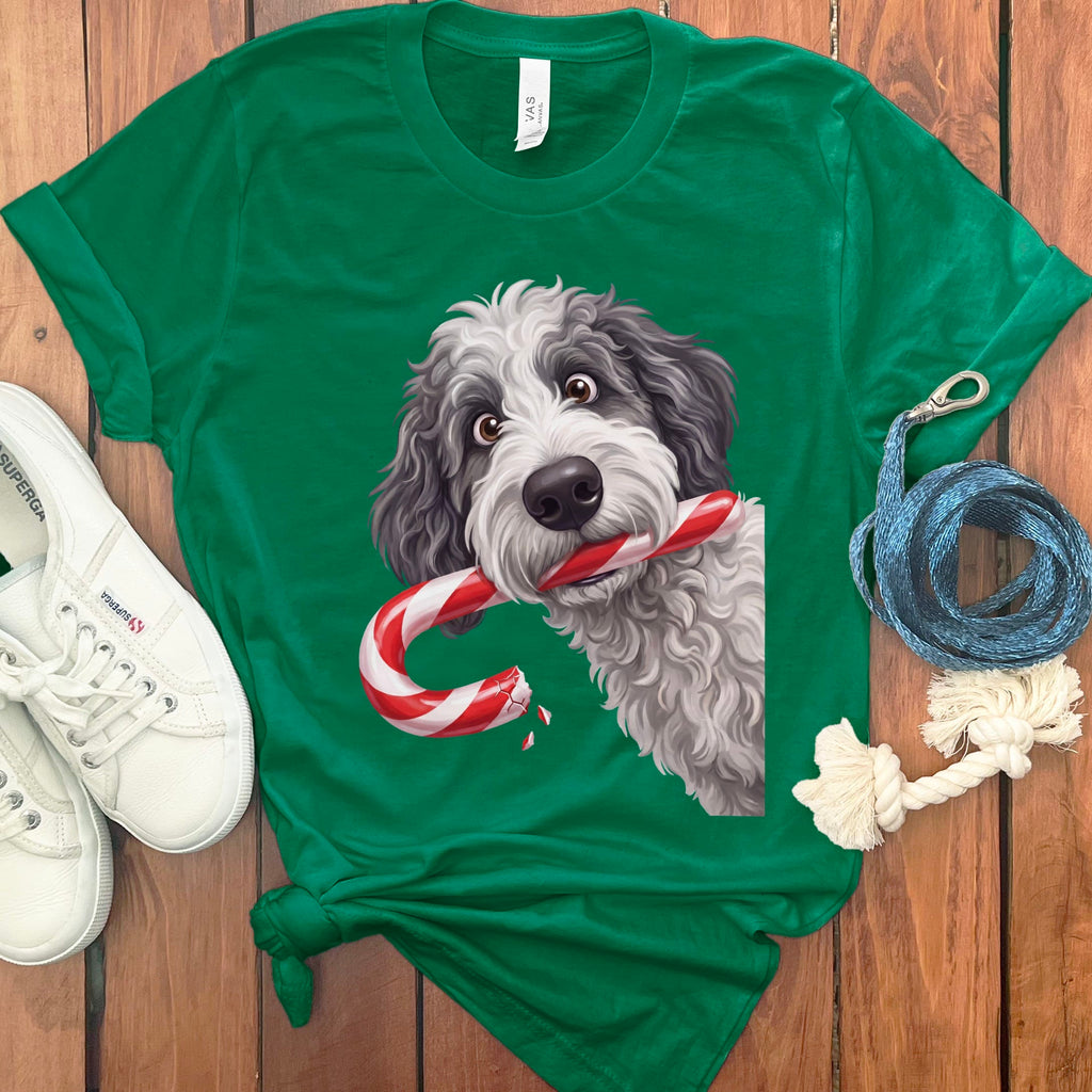 Sheepadoodle Candy Cane Thief T-Shirt in Kelly / S by Puppy Jo