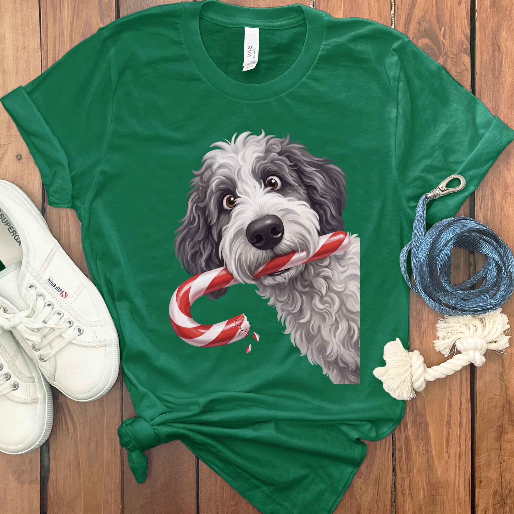 Sheepadoodle Candy Cane Thief T-Shirt in Kelly / S by Puppy Jo