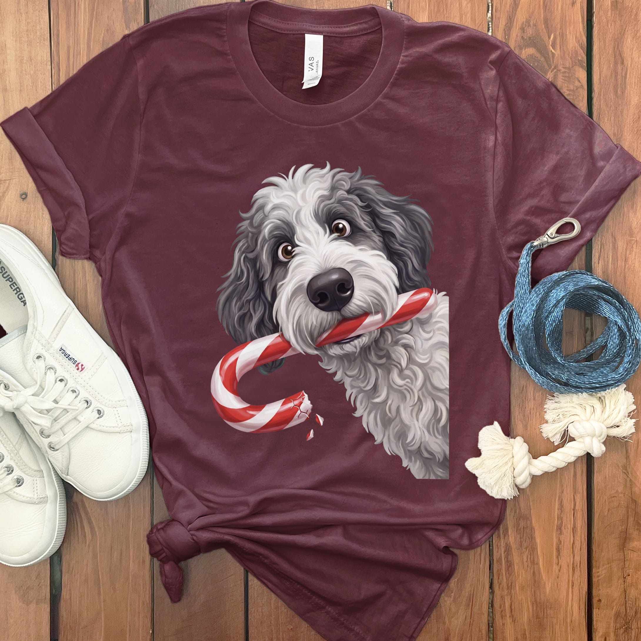 Sheepadoodle Candy Cane Thief T-Shirt in Maroon / S by Puppy Jo