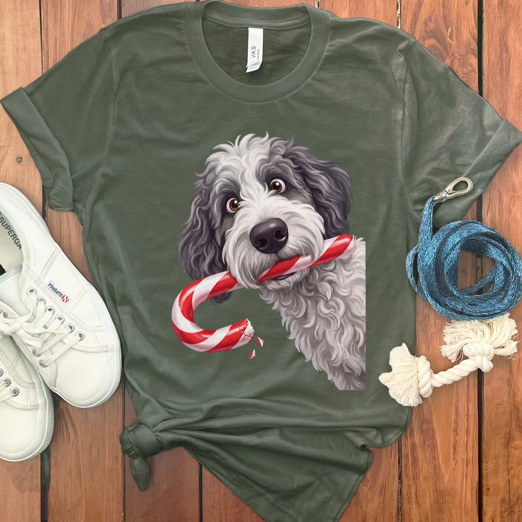 Sheepadoodle Candy Cane Thief T-Shirt in Military Green / S by Puppy Jo