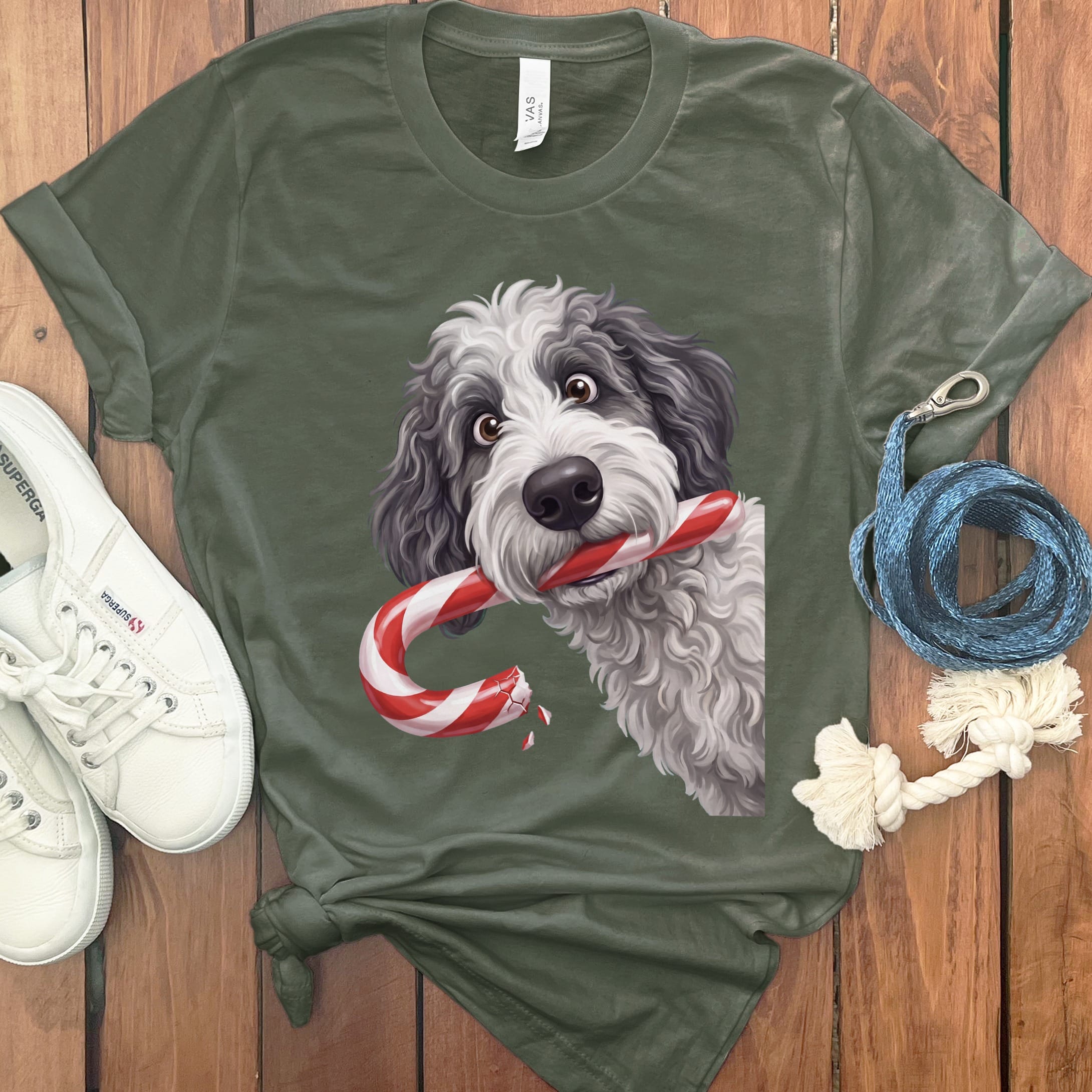 Sheepadoodle Candy Cane Thief T-Shirt in Military Green / S by Puppy Jo