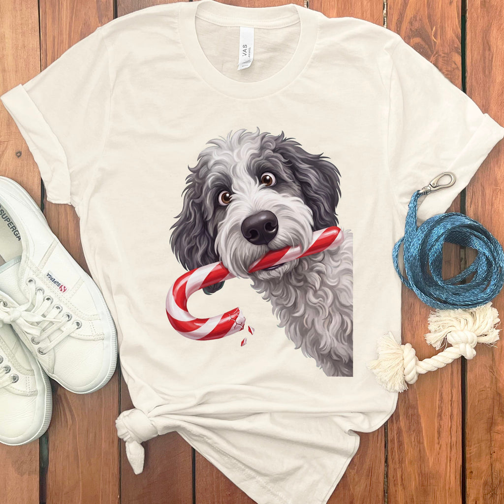 Sheepadoodle Candy Cane Thief T-Shirt in Natural / S by Puppy Jo