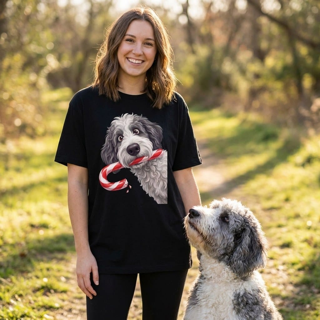 Sheepadoodle Candy Cane Thief T-Shirt in by Puppy Jo