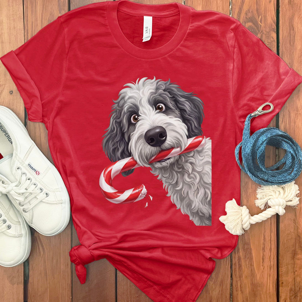 Sheepadoodle Candy Cane Thief T-Shirt in Red / S by Puppy Jo