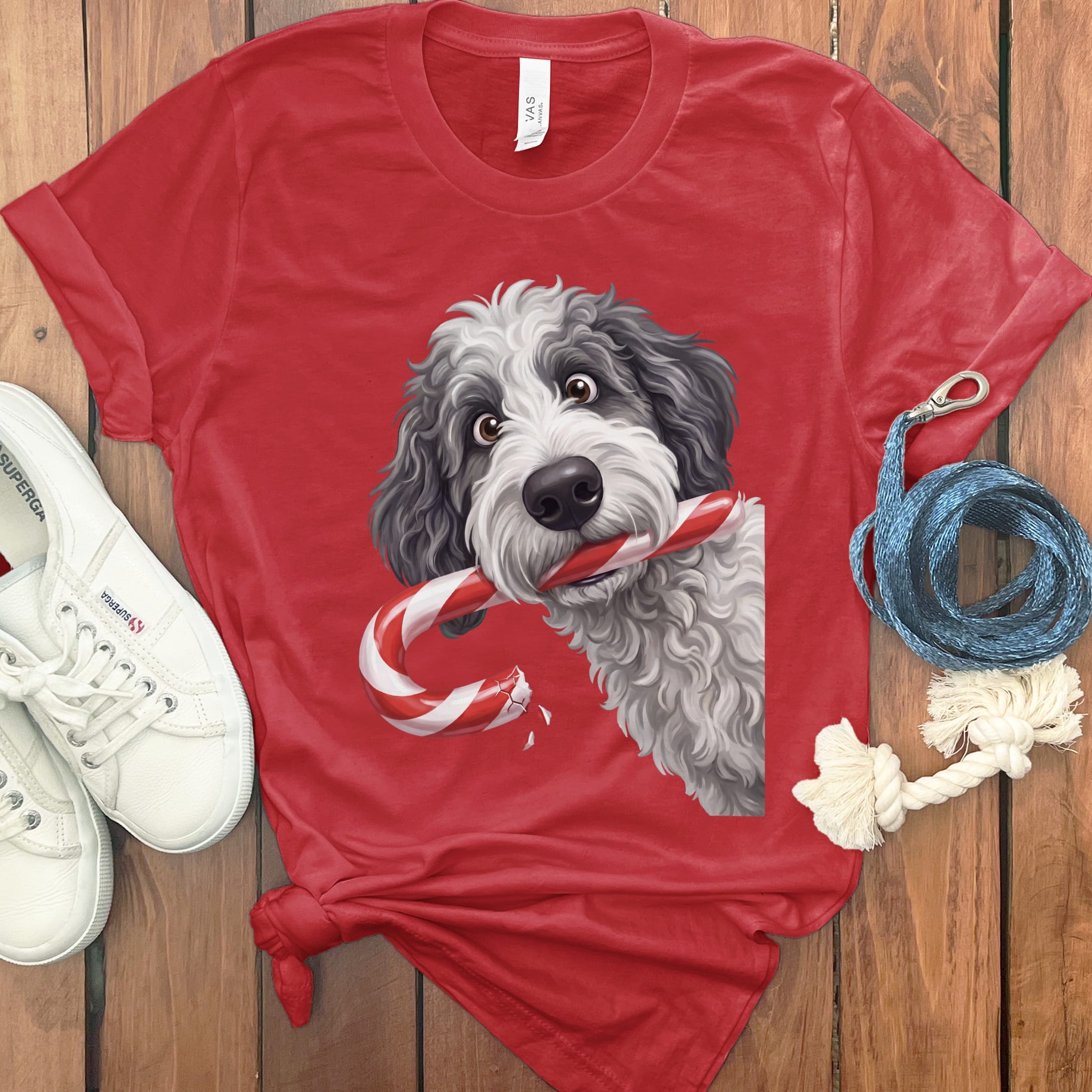 Sheepadoodle Candy Cane Thief T-Shirt in Red / S by Puppy Jo