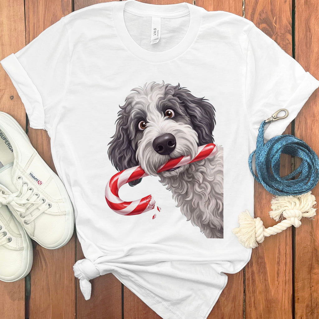 Sheepadoodle Candy Cane Thief T-Shirt in White / S by Puppy Jo