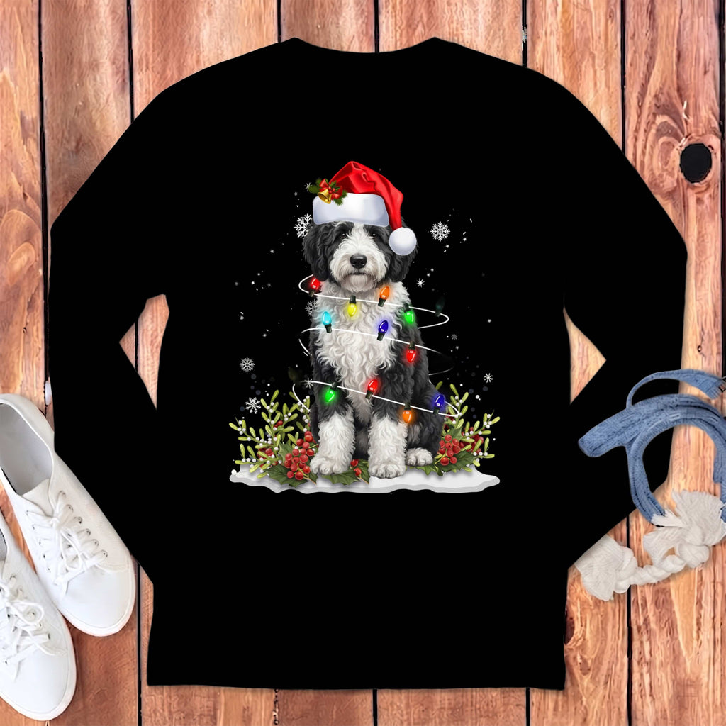 Sheepadoodle Christmas Light Long Sleeve T-Shirt in Black / S by Puppy Jo