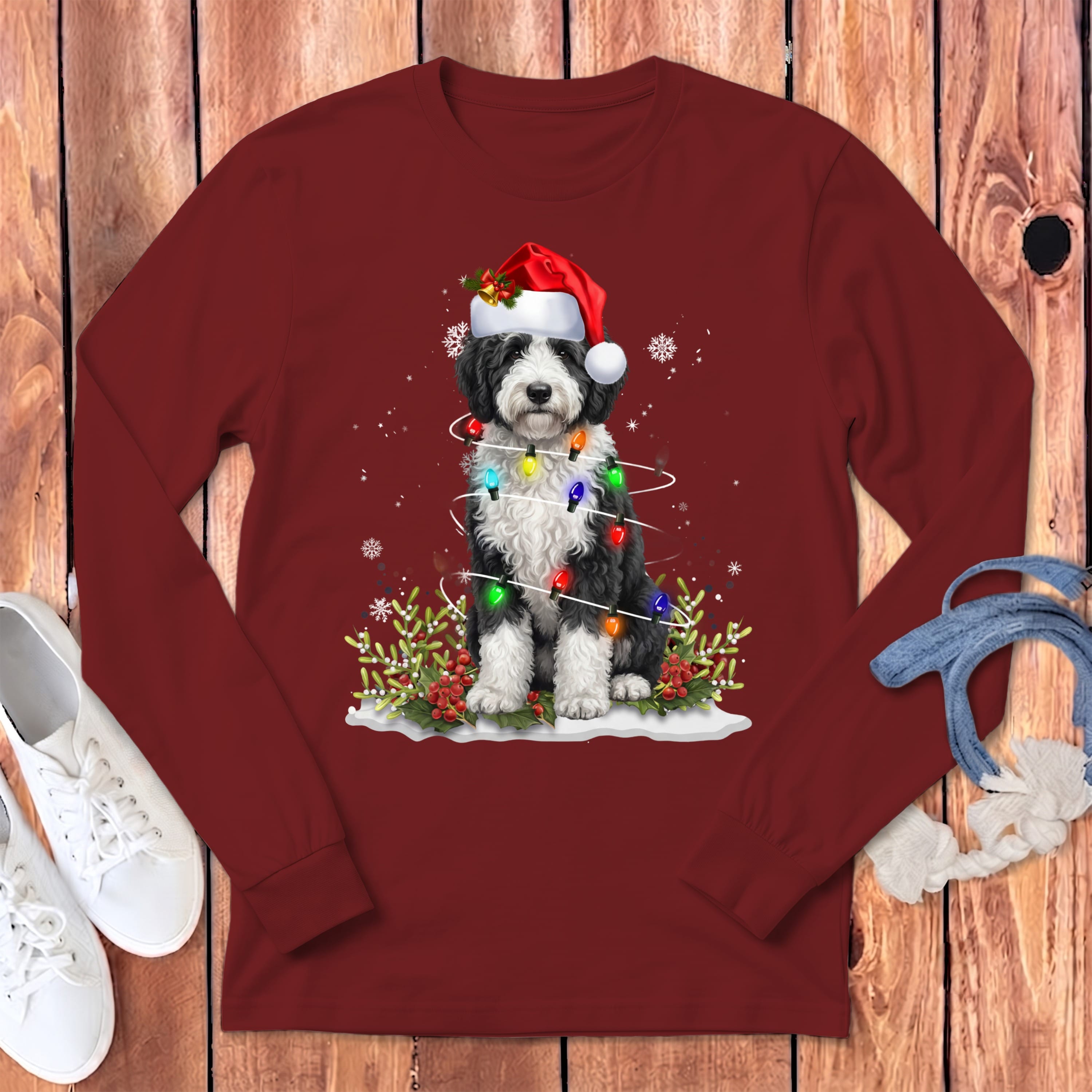 Sheepadoodle Christmas Light Long Sleeve T-Shirt in Cardinal / S by Puppy Jo