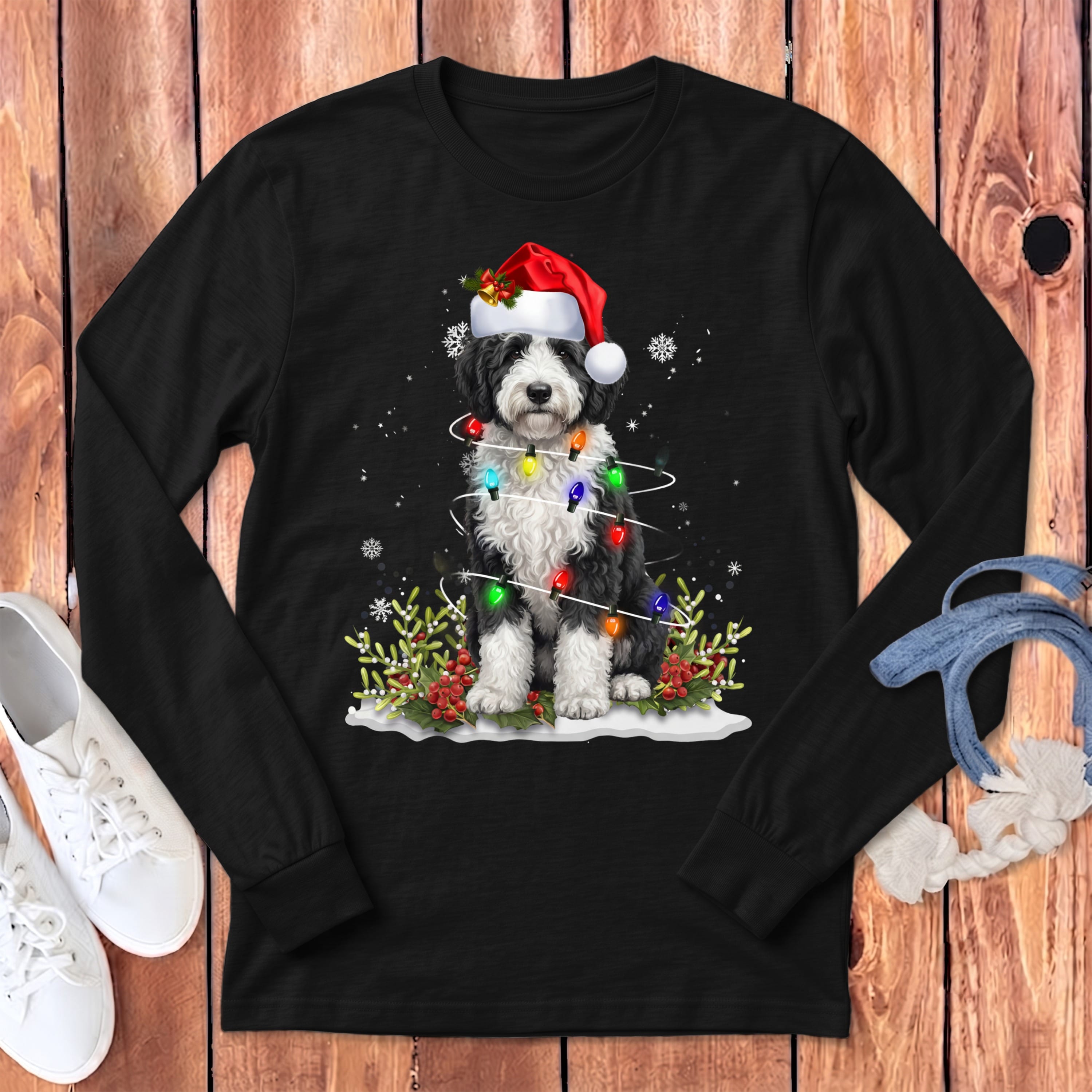 Sheepadoodle Christmas Light Long Sleeve T-Shirt in Dark Grey Heather / S by Puppy Jo