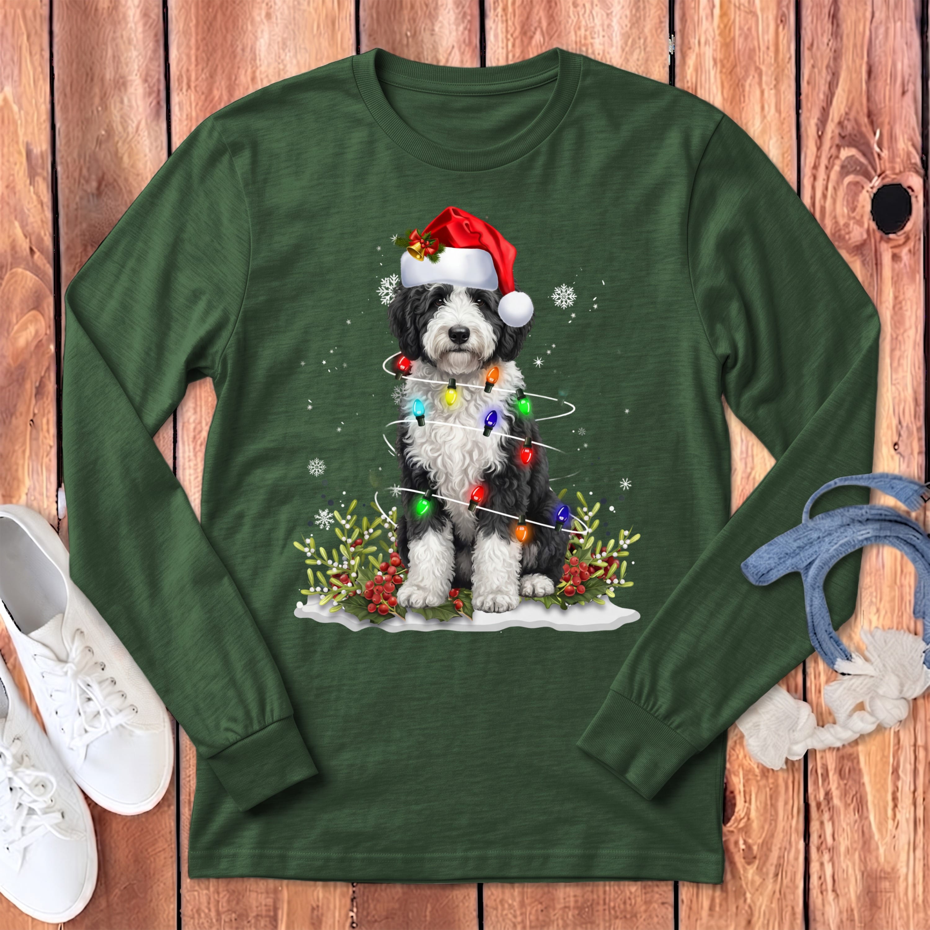 Sheepadoodle Christmas Light Long Sleeve T-Shirt in Heather Forest / S by Puppy Jo