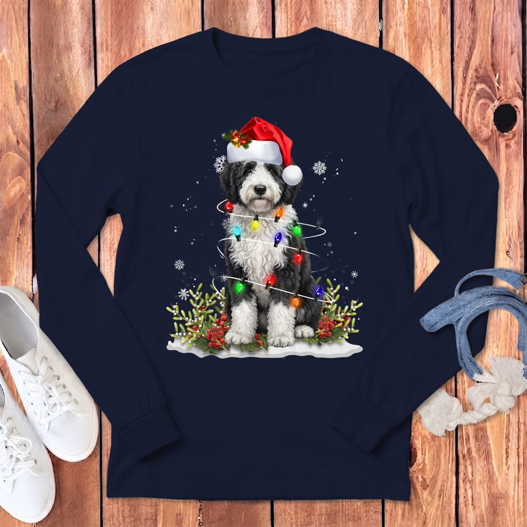 Sheepadoodle Christmas Light Long Sleeve T-Shirt in Navy / S by Puppy Jo