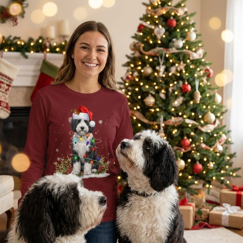 Sheepadoodle Christmas Light Long Sleeve T-Shirt in by Puppy Jo