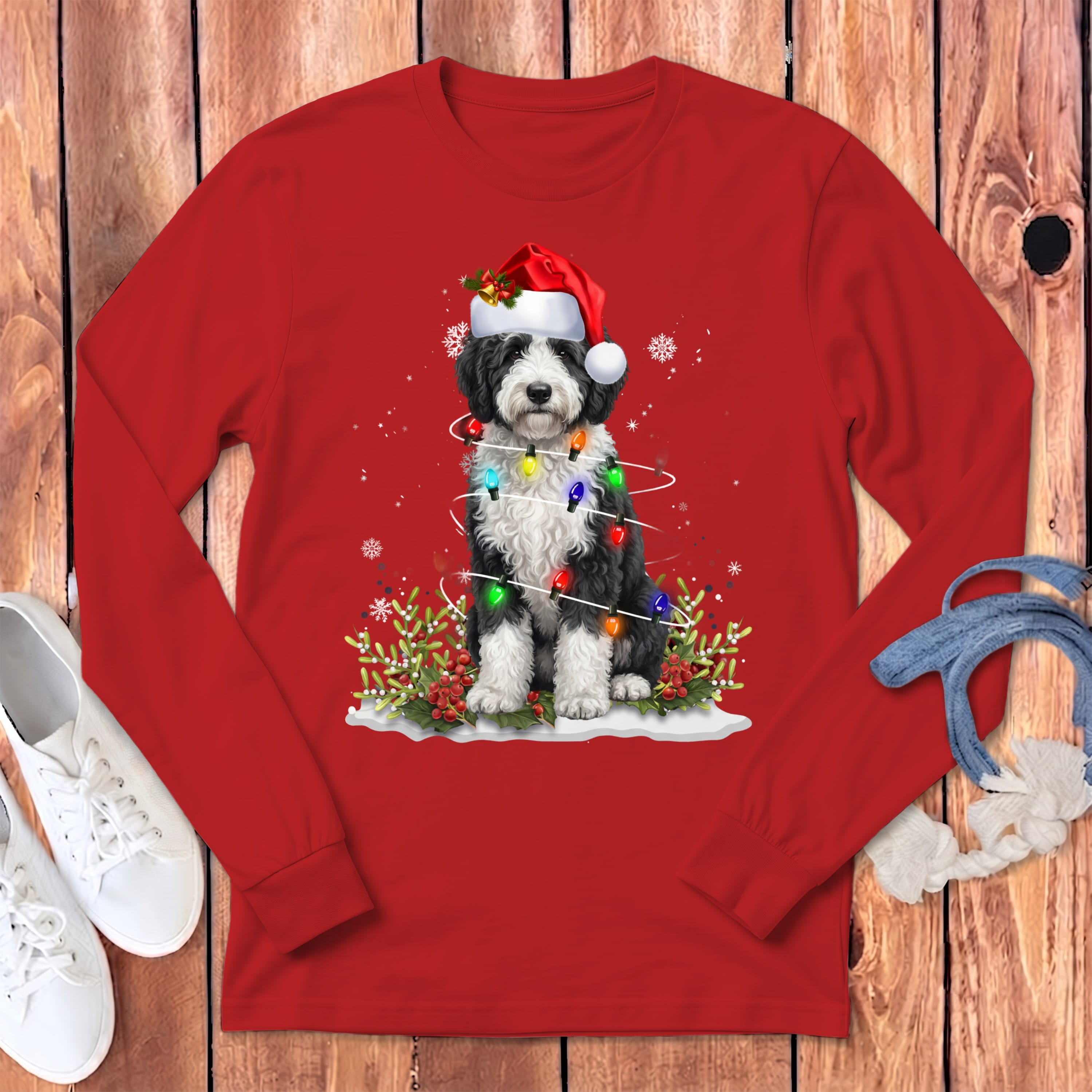Sheepadoodle Christmas Light Long Sleeve T-Shirt in Red / S by Puppy Jo