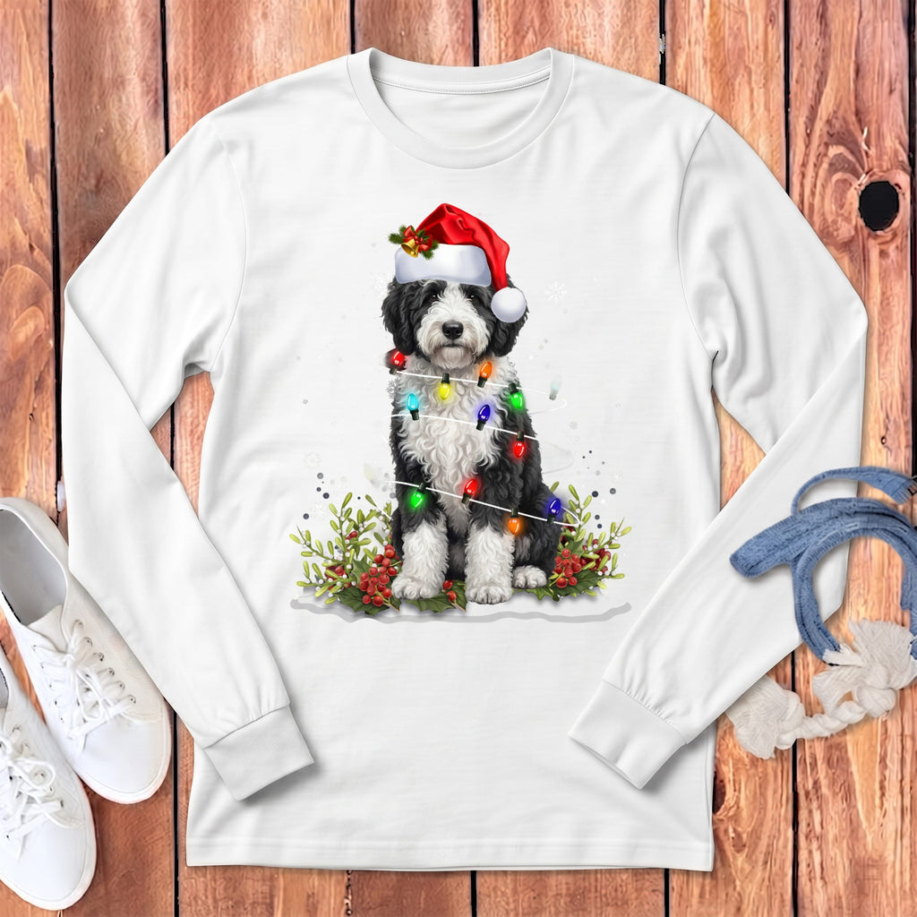 Sheepadoodle Christmas Light Long Sleeve T-Shirt in White / S by Puppy Jo