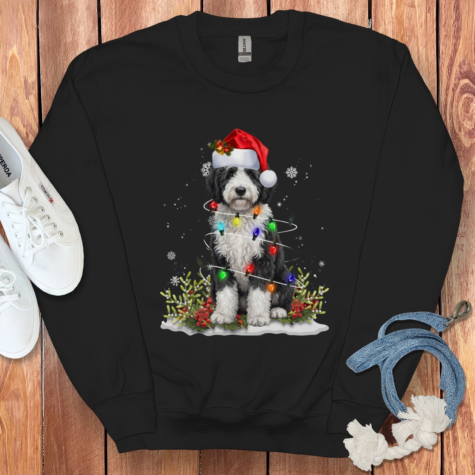 Sheepadoodle Christmas Light Sweatshirt in Black / S by Puppy Jo