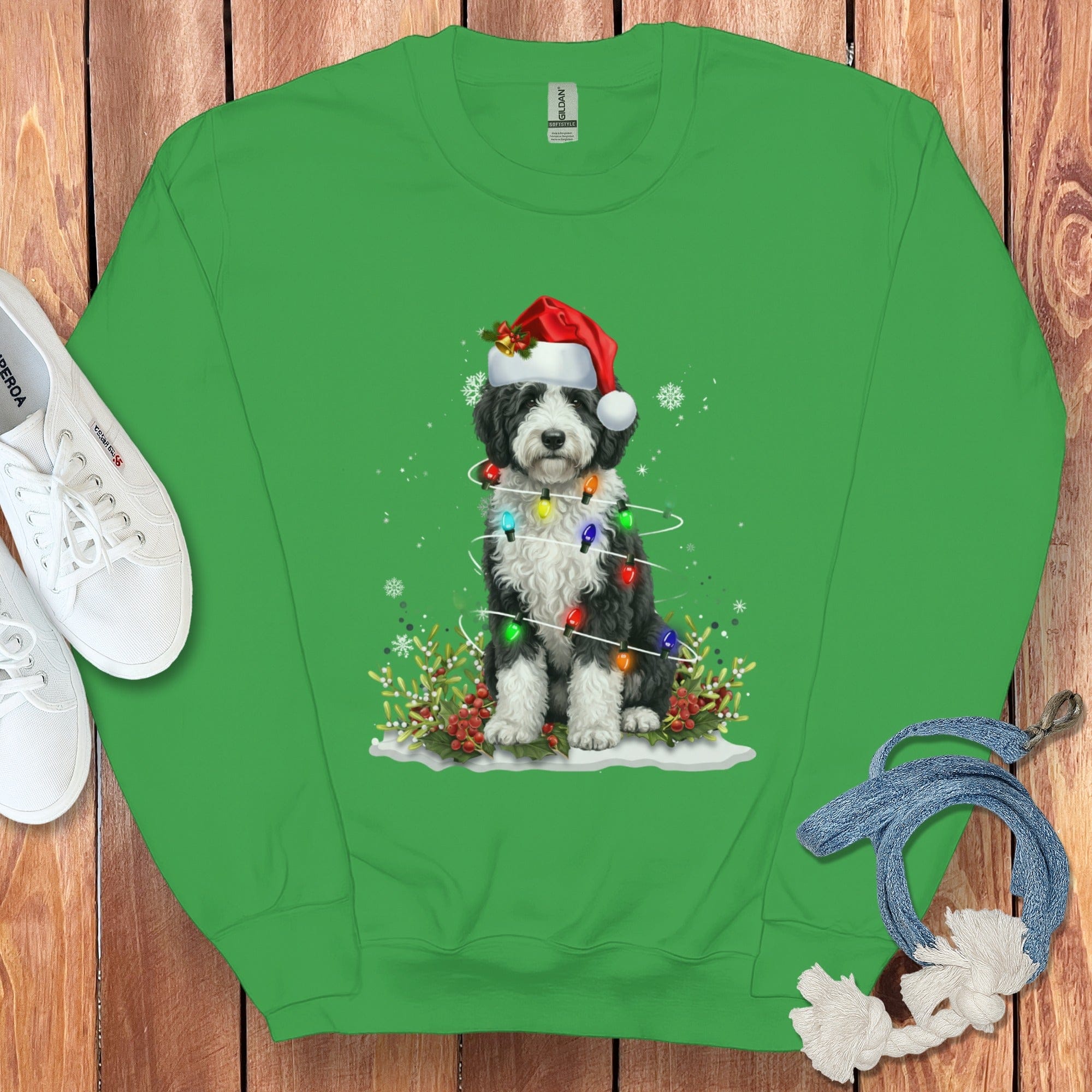 Sheepadoodle Christmas Light Sweatshirt in Irish Green / S by Puppy Jo
