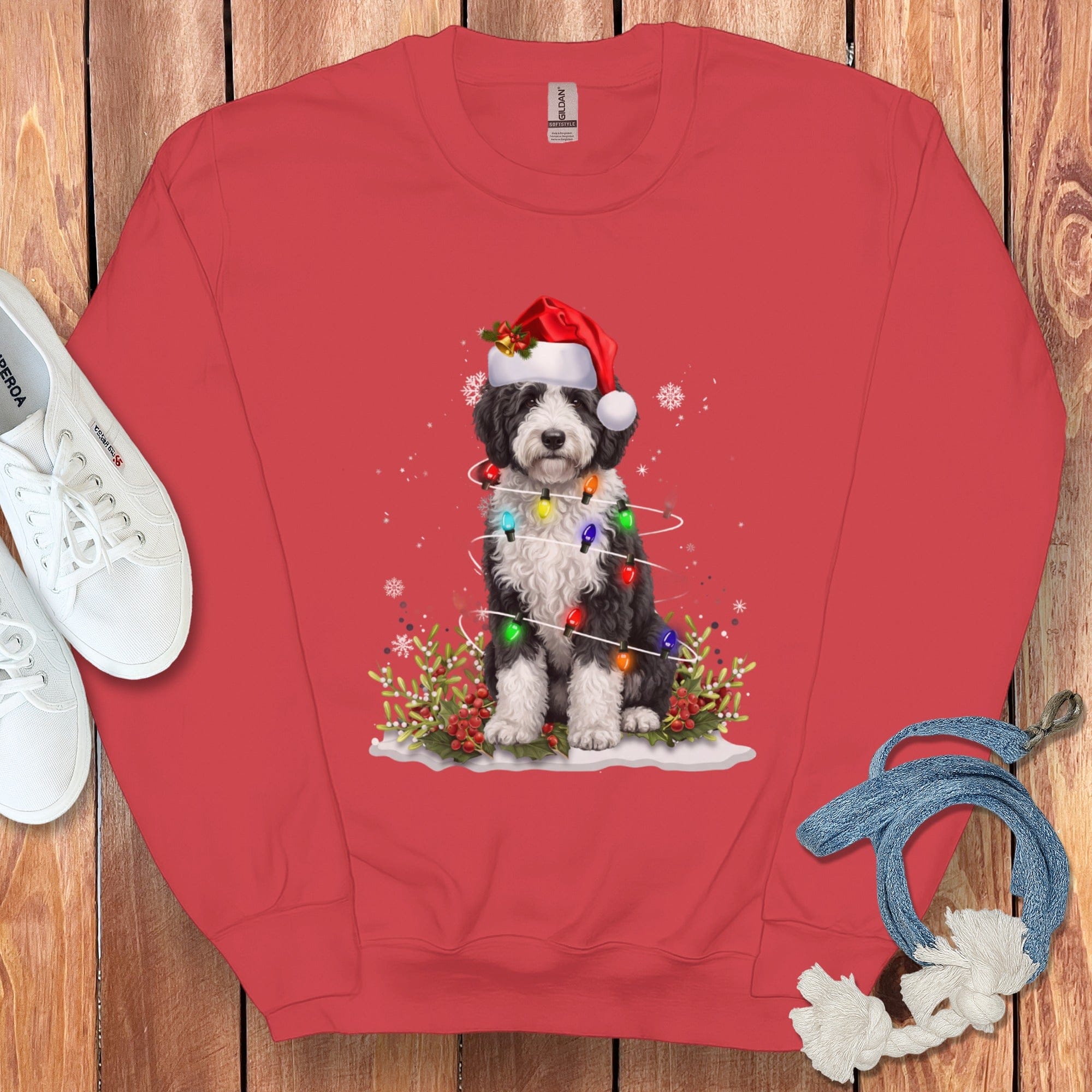 Sheepadoodle Christmas Light Sweatshirt in Red / S by Puppy Jo