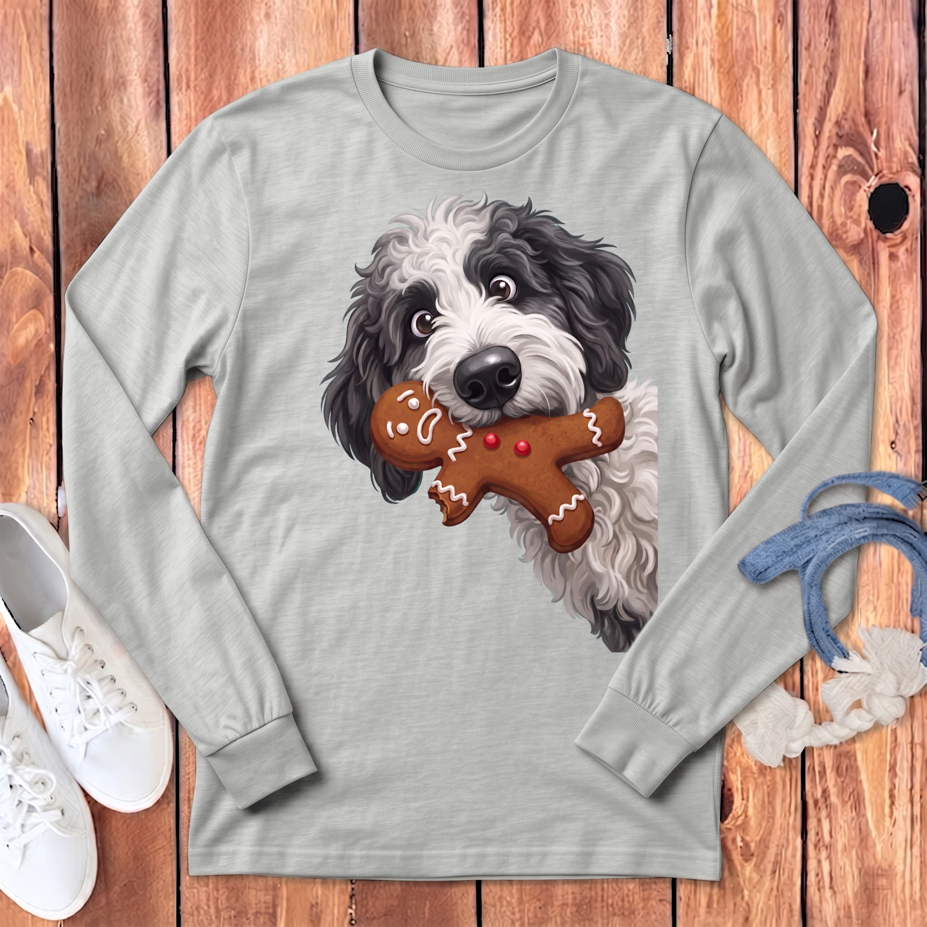 Sheepadoodle Cookie Thief Long Sleeve T-Shirt in Athletic Heather / S by Puppy Jo