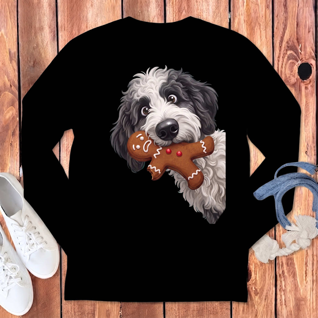Sheepadoodle Cookie Thief Long Sleeve T-Shirt in Black / S by Puppy Jo