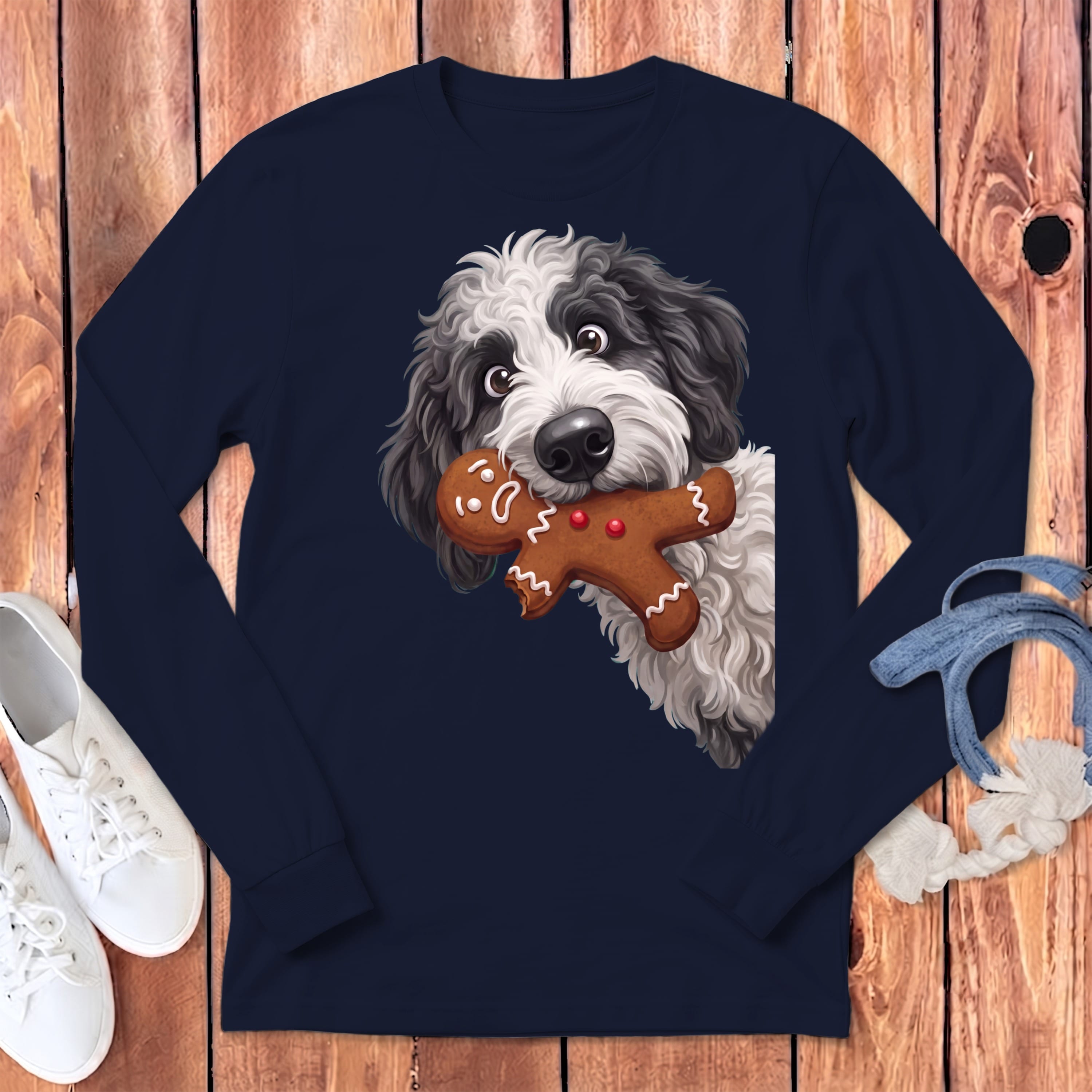 Sheepadoodle Cookie Thief Long Sleeve T-Shirt in Navy / S by Puppy Jo